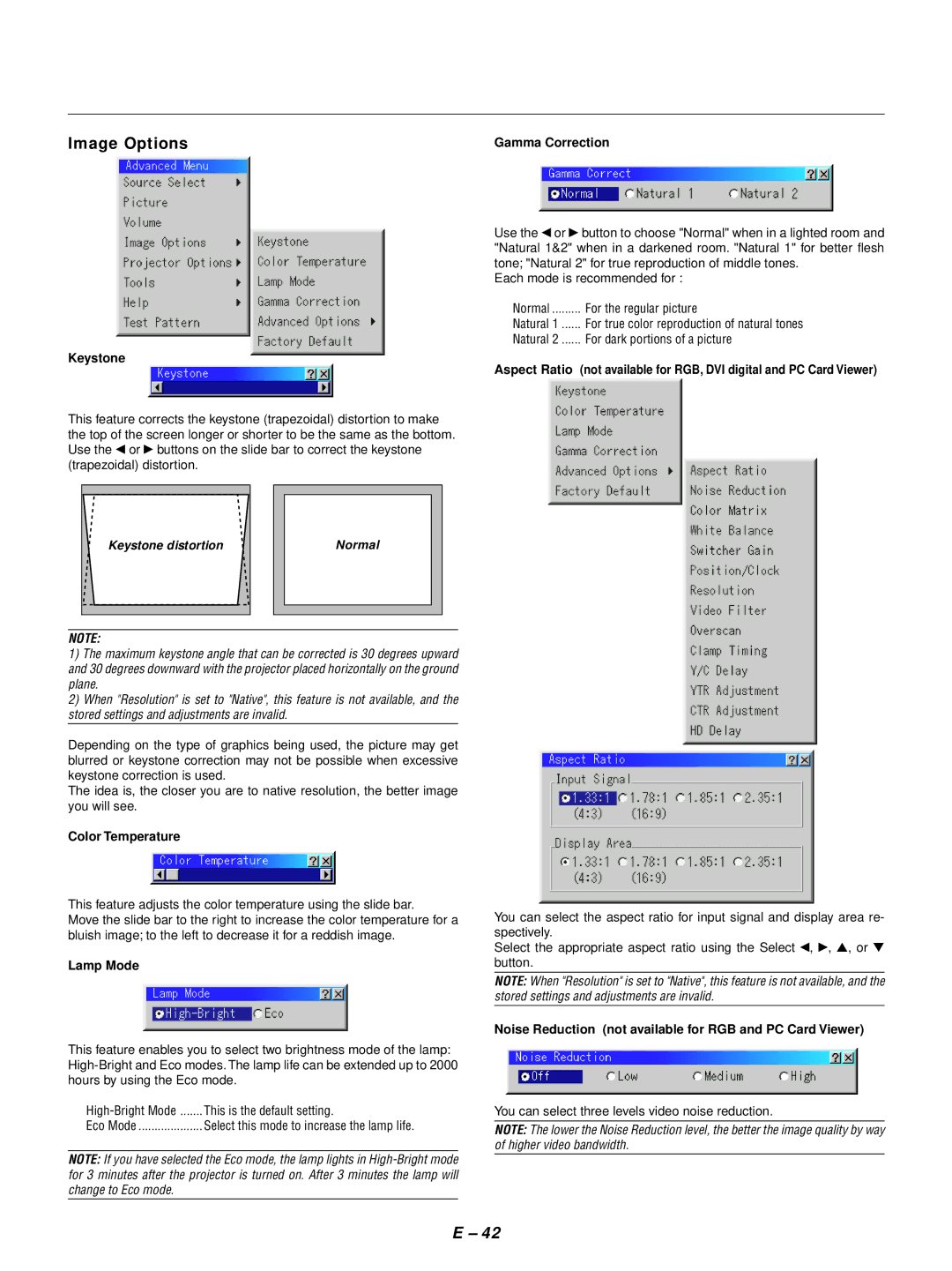 NEC GT1150 Image Options, Keystone, Color Temperature, Lamp Mode, Noise Reduction not available for RGB and PC Card Viewer 