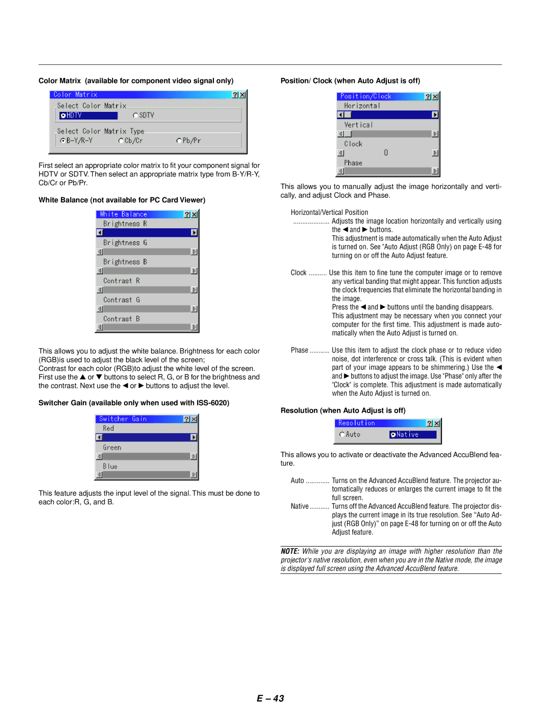 NEC GT1150 Color Matrix available for component video signal only, White Balance not available for PC Card Viewer 