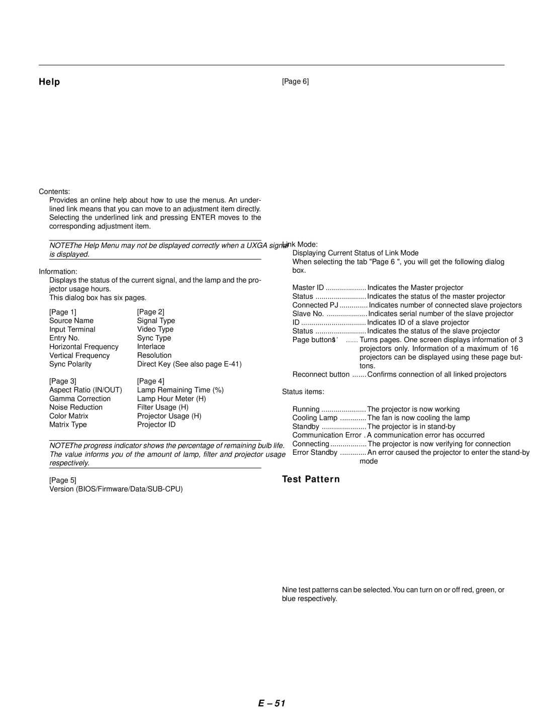 NEC GT1150 user manual Help, Test Pattern 