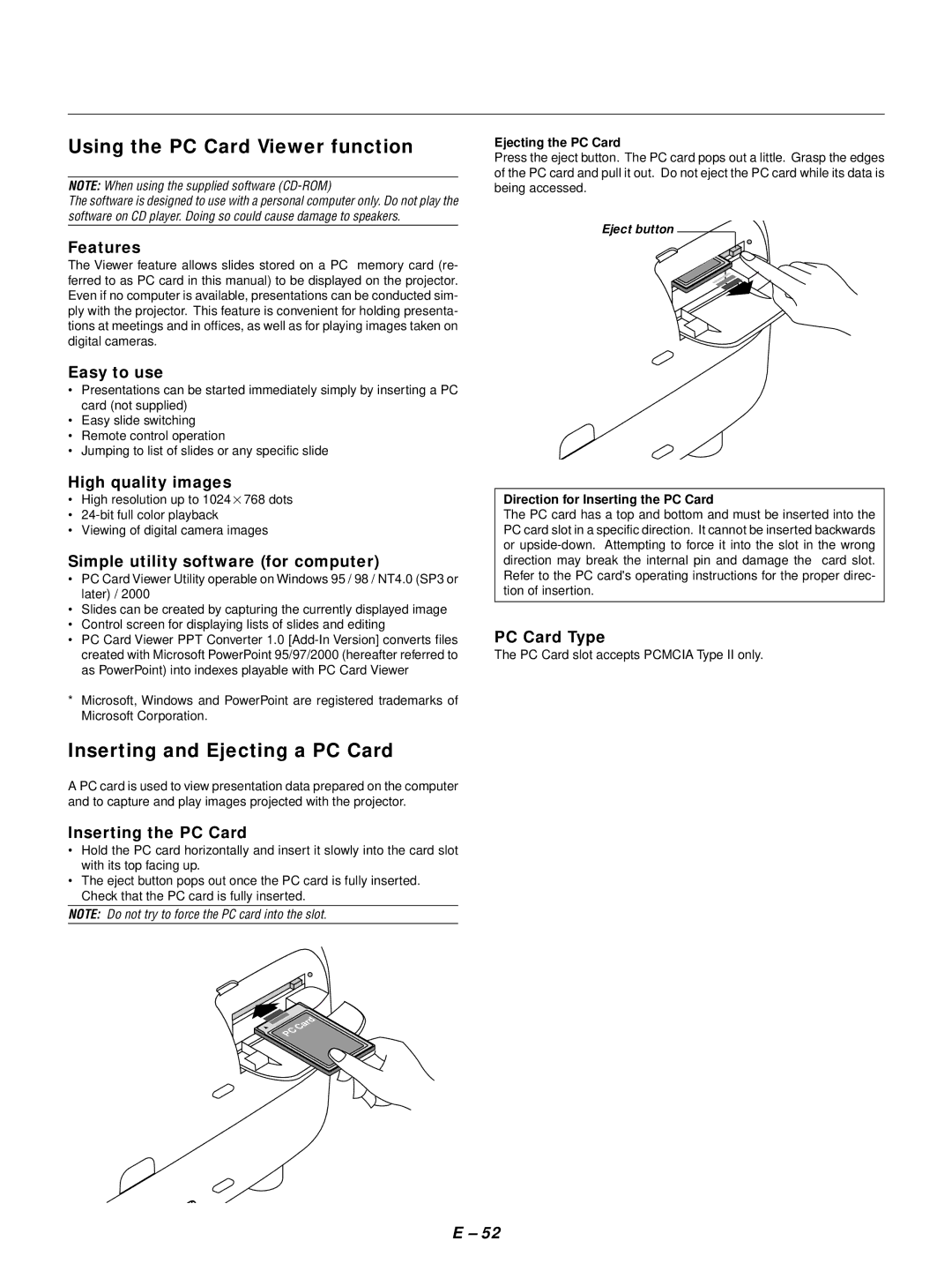 NEC GT1150 user manual Using the PC Card Viewer function, Inserting and Ejecting a PC Card 