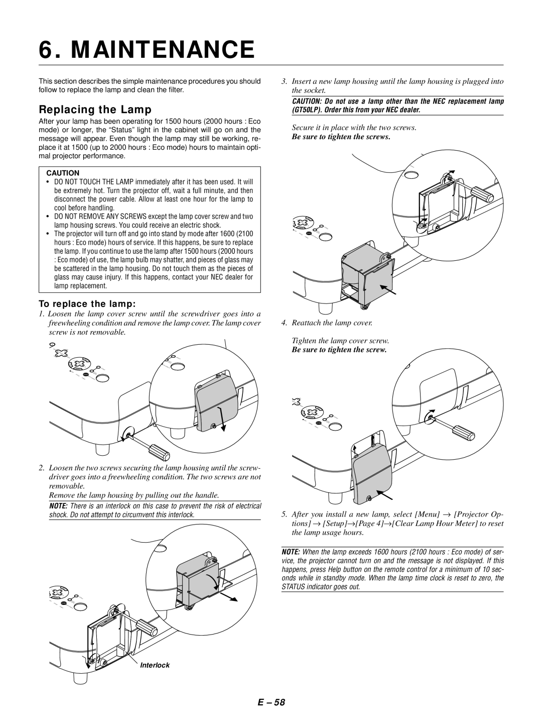 NEC GT1150 user manual Maintenance, Replacing the Lamp, To replace the lamp, Interlock 