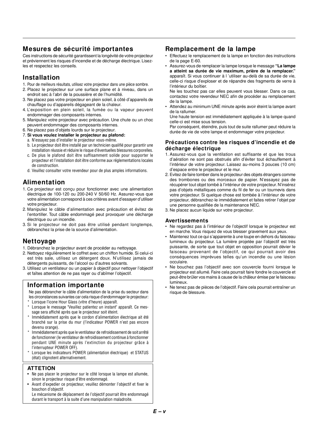 NEC GT1150 Mesures de sécurité importantes, Alimentation, Nettoyage, Information importante, Remplacement de la lampe 