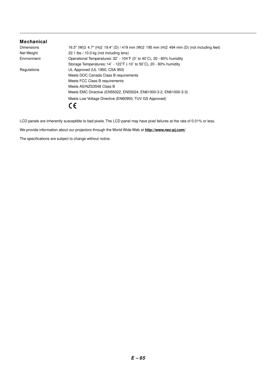 NEC GT1150 user manual Mechanical 