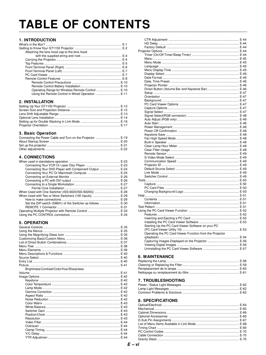 NEC GT1150 user manual Table of Contents 