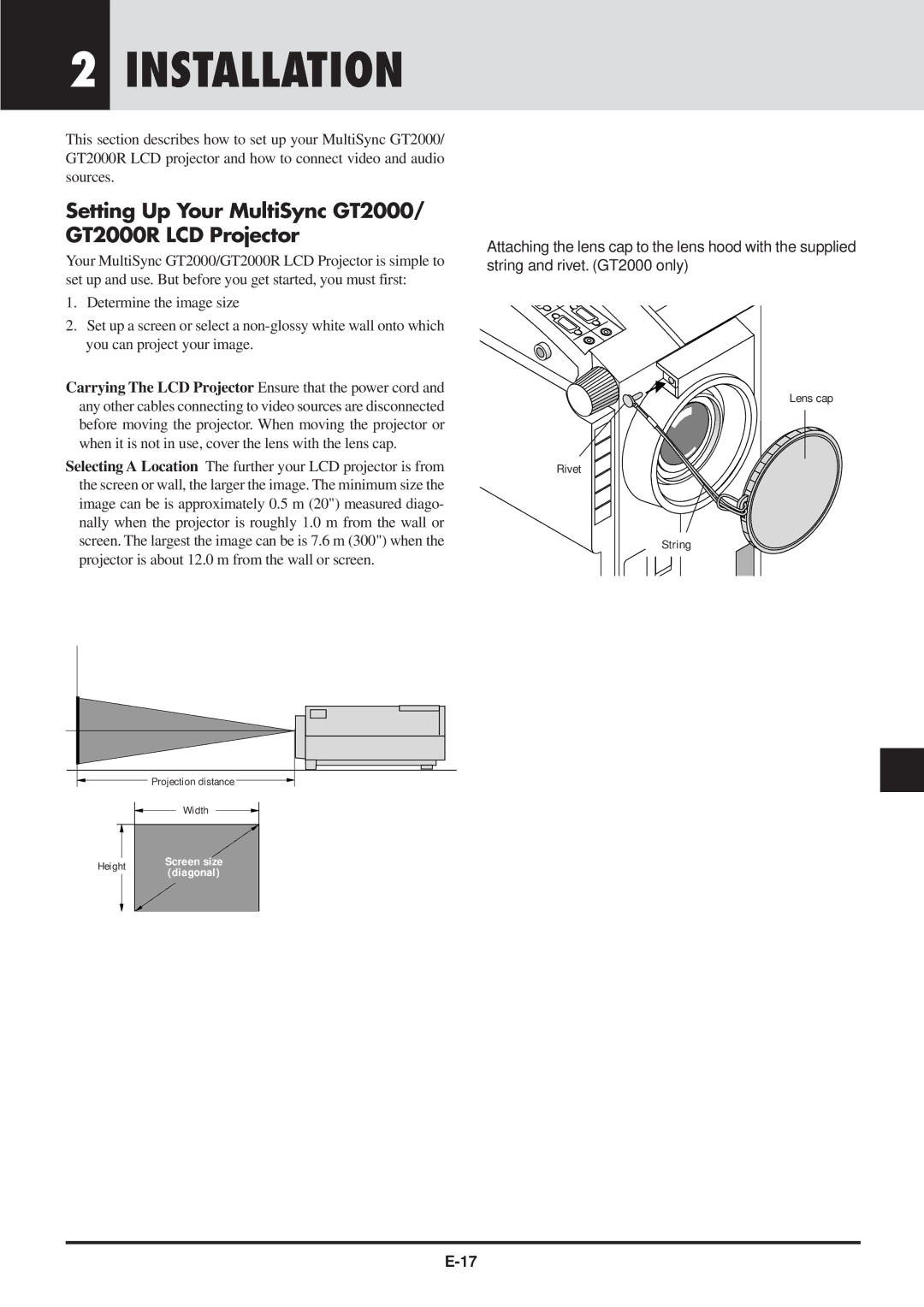 NEC GT2000, GT2000R user manual Installation, Setting Up Your MultiSync GT2000/ GT2000R LCD Projector 