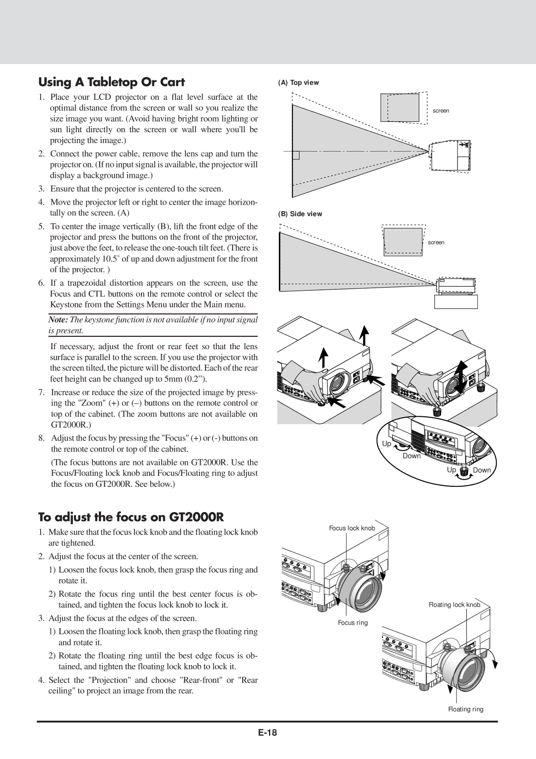 NEC GT2000, GT2000R user manual Using a Tabletop Or Cart, To adjust the focus on GT2000R 