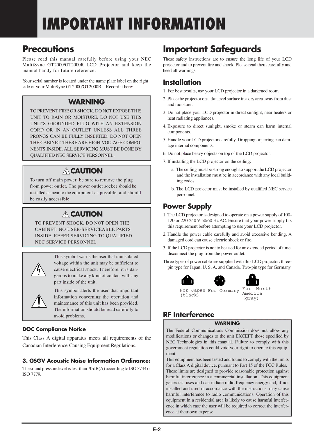 NEC GT2000, GT2000R user manual Important Information, Installation, Power Supply, RF Interference 