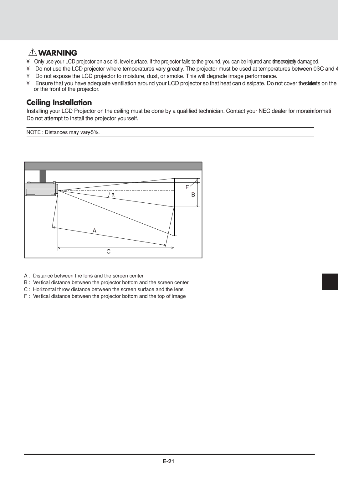 NEC GT2000, GT2000R user manual Ceiling Installation 