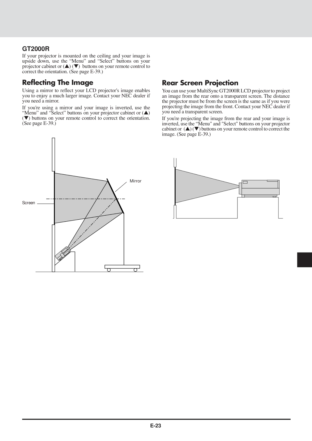 NEC GT2000, GT2000R user manual Reflecting The Image, Rear Screen Projection 