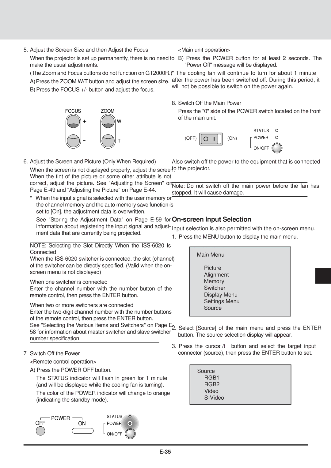 NEC GT2000, GT2000R user manual On-screen Input Selection, Adjust the Screen Size and then Adjust the Focus 