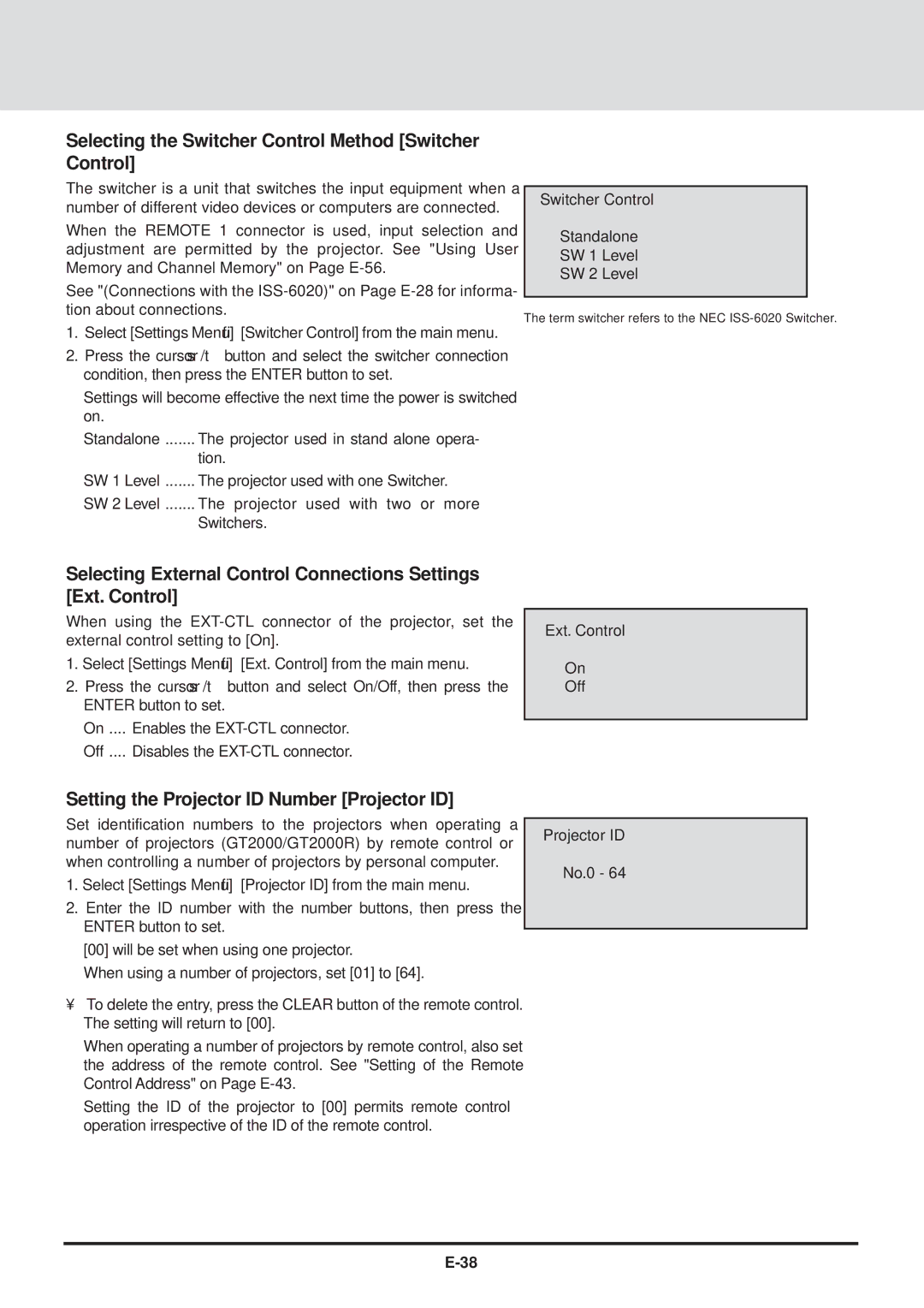 NEC GT2000, GT2000R Selecting the Switcher Control Method Switcher Control, Setting the Projector ID Number Projector ID 