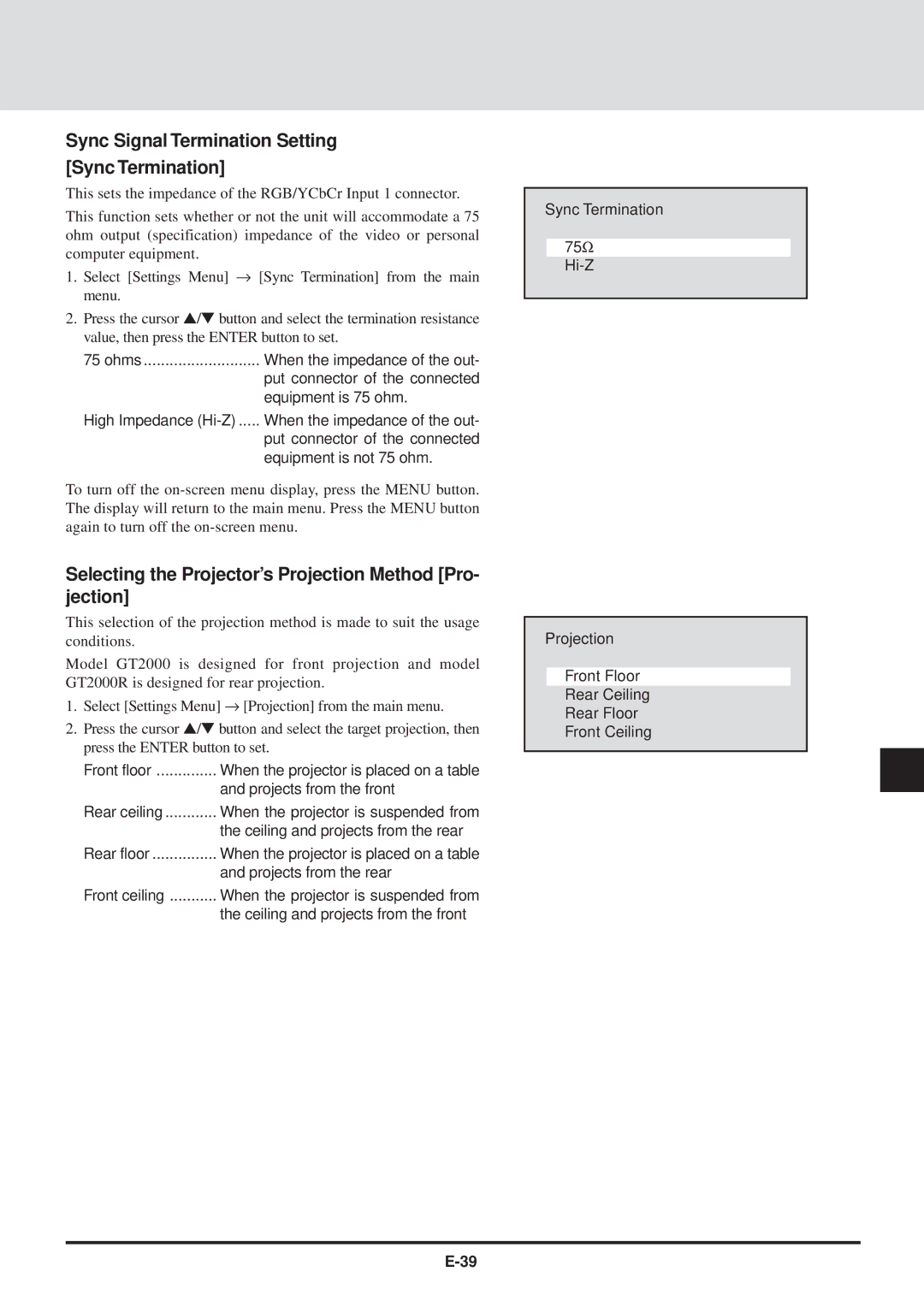 NEC GT2000, GT2000R user manual Sync Signal Termination Setting Sync Termination 