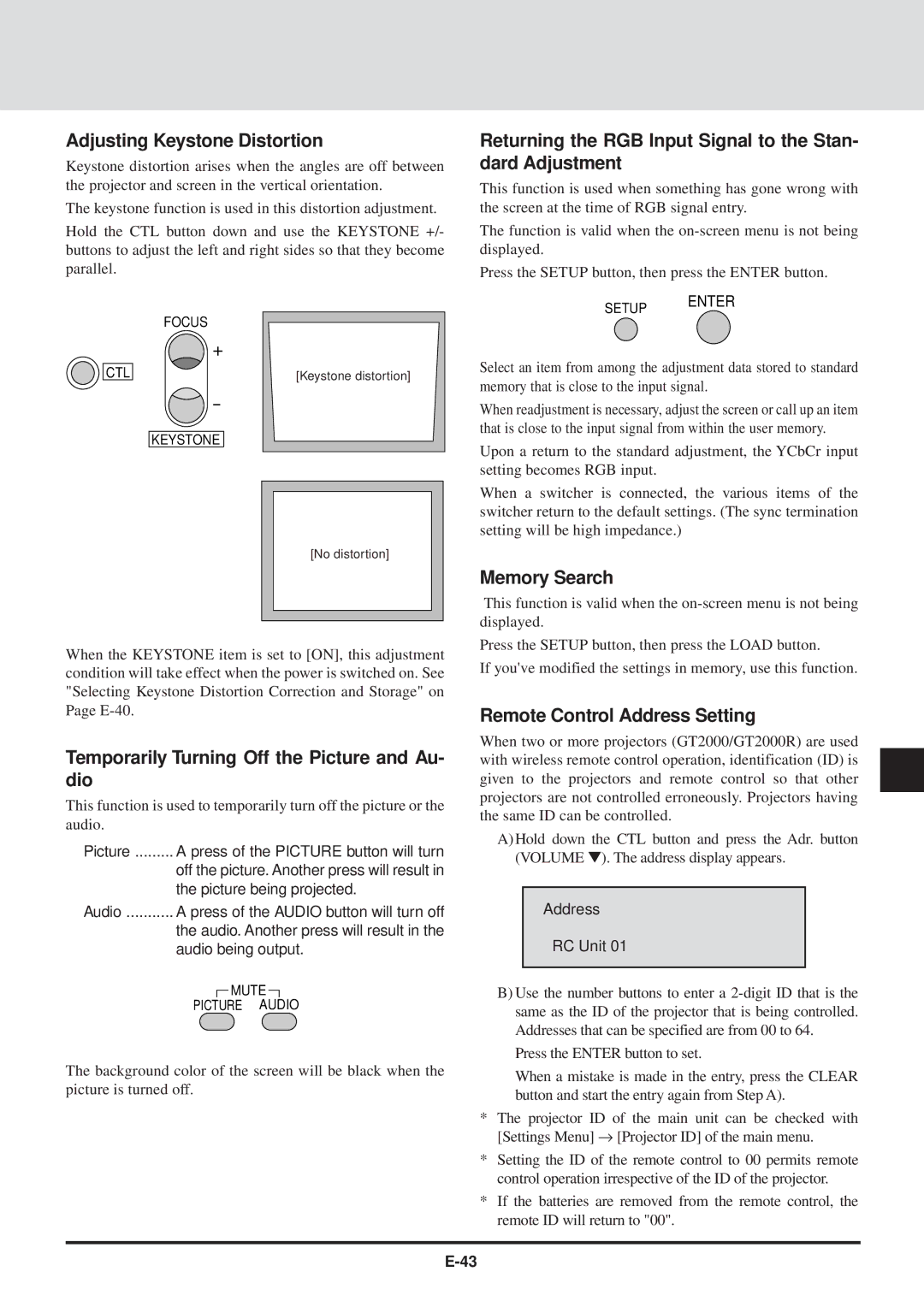 NEC GT2000, GT2000R user manual Adjusting Keystone Distortion, Returning the RGB Input Signal to the Stan- dard Adjustment 