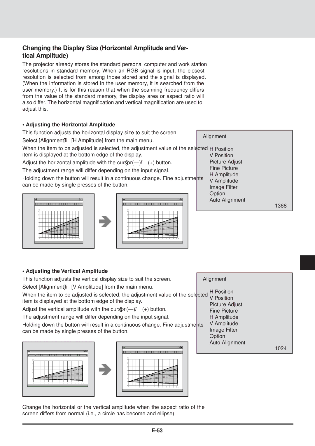 NEC GT2000, GT2000R user manual Adjusting the Horizontal Amplitude, Adjusting the Vertical Amplitude 