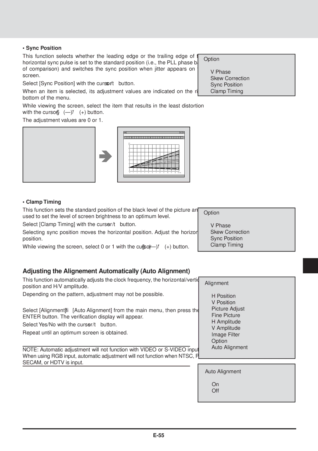 NEC GT2000, GT2000R user manual Adjusting the Alignement Automatically Auto Alignment, Sync Position, Clamp Timing 