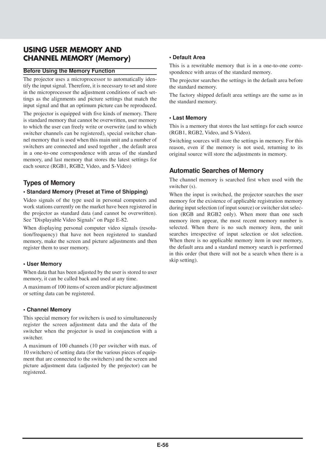 NEC GT2000, GT2000R user manual Using User Memory and Channel Memory Memory, Types of Memory, Automatic Searches of Memory 