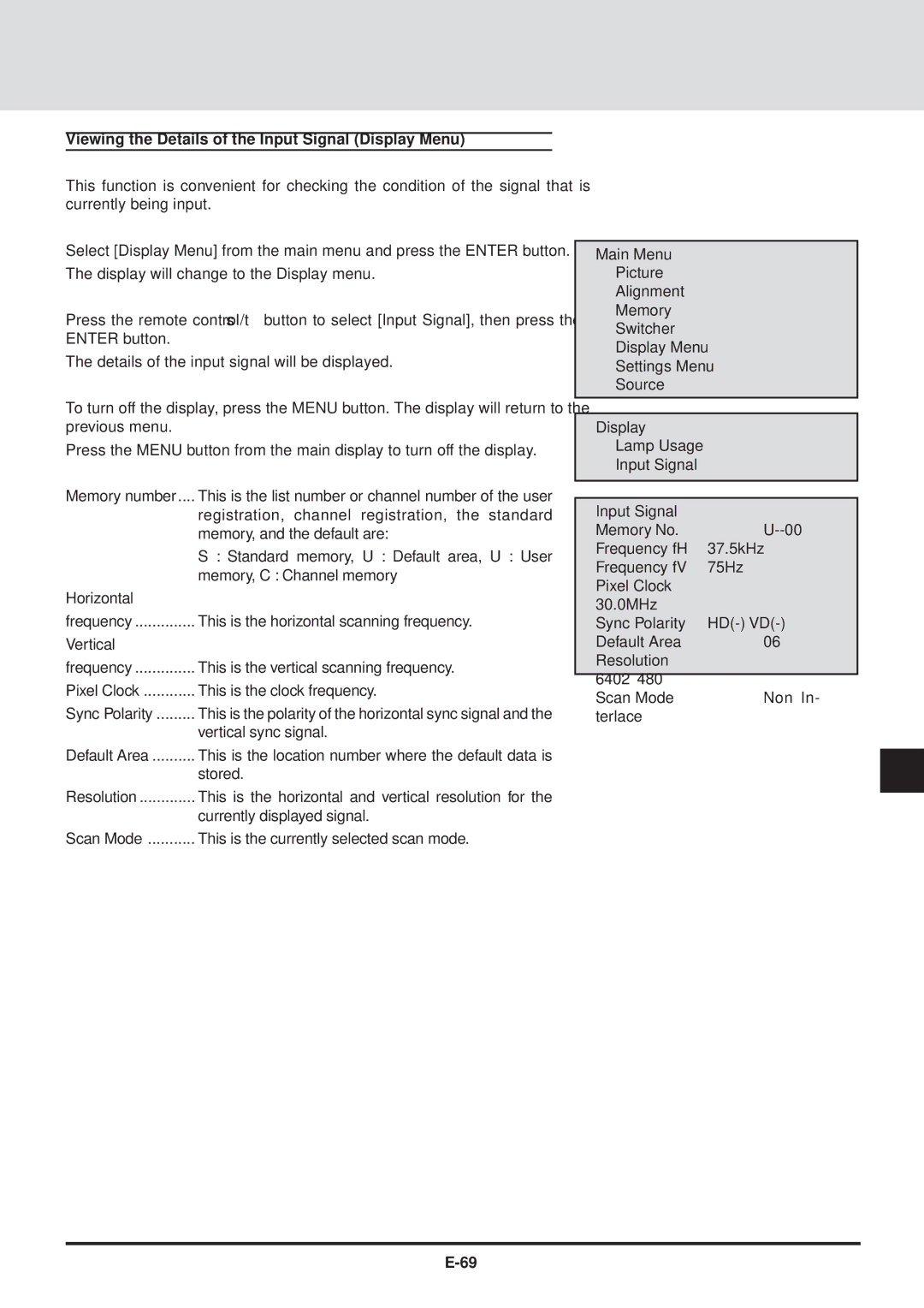 NEC GT2000, GT2000R user manual Viewing the Details of the Input Signal Display Menu 