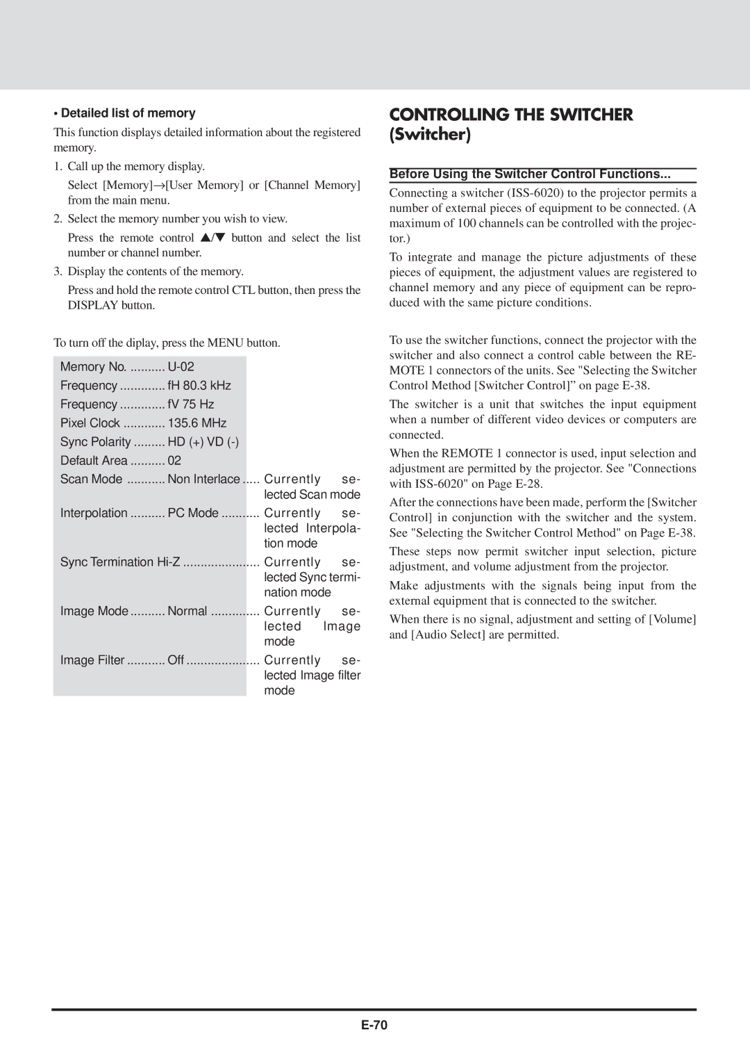 NEC GT2000, GT2000R user manual Controlling the Switcher Switcher, Detailed list of memory 