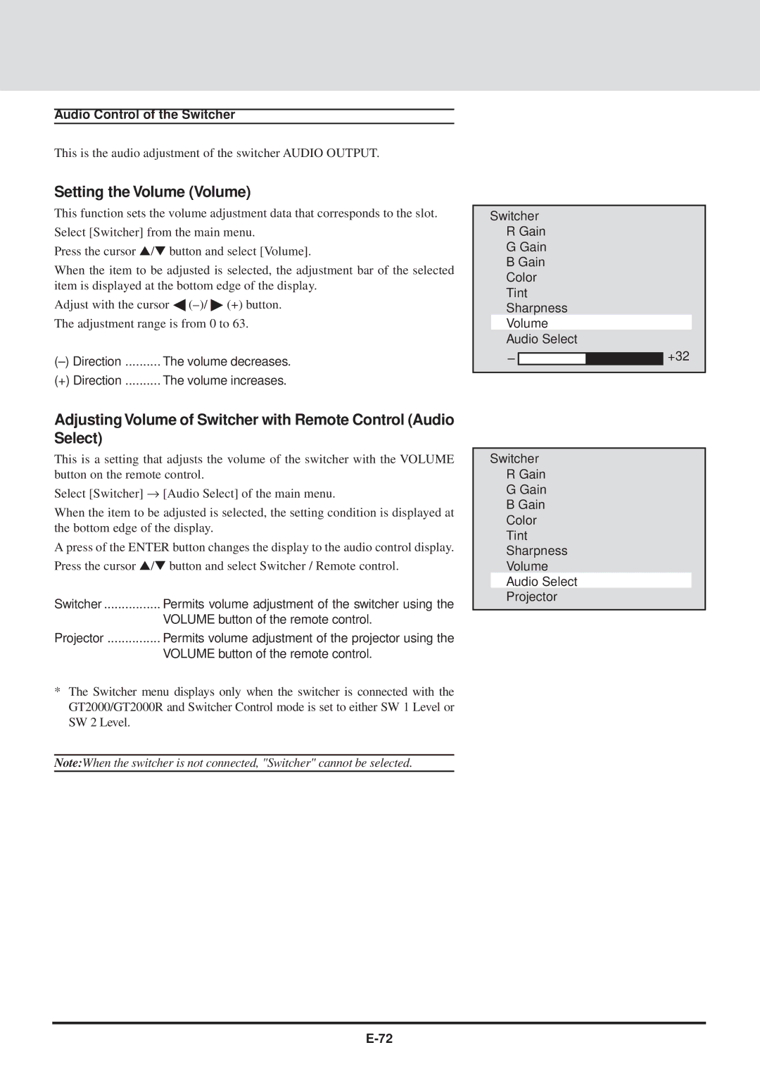 NEC GT2000, GT2000R user manual Setting the Volume Volume, Audio Control of the Switcher 