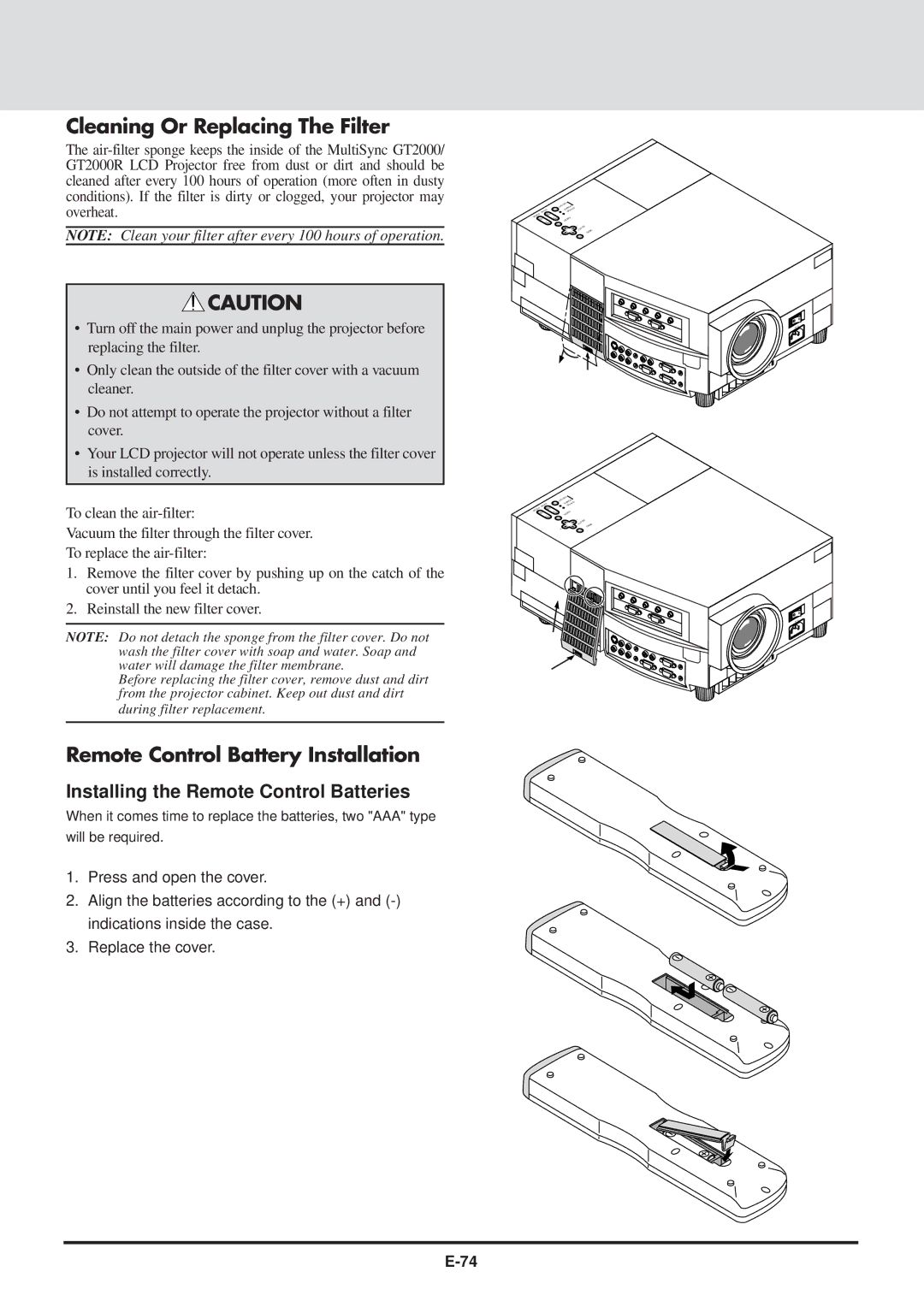 NEC GT2000, GT2000R user manual Cleaning Or Replacing The Filter, Remote Control Battery Installation 