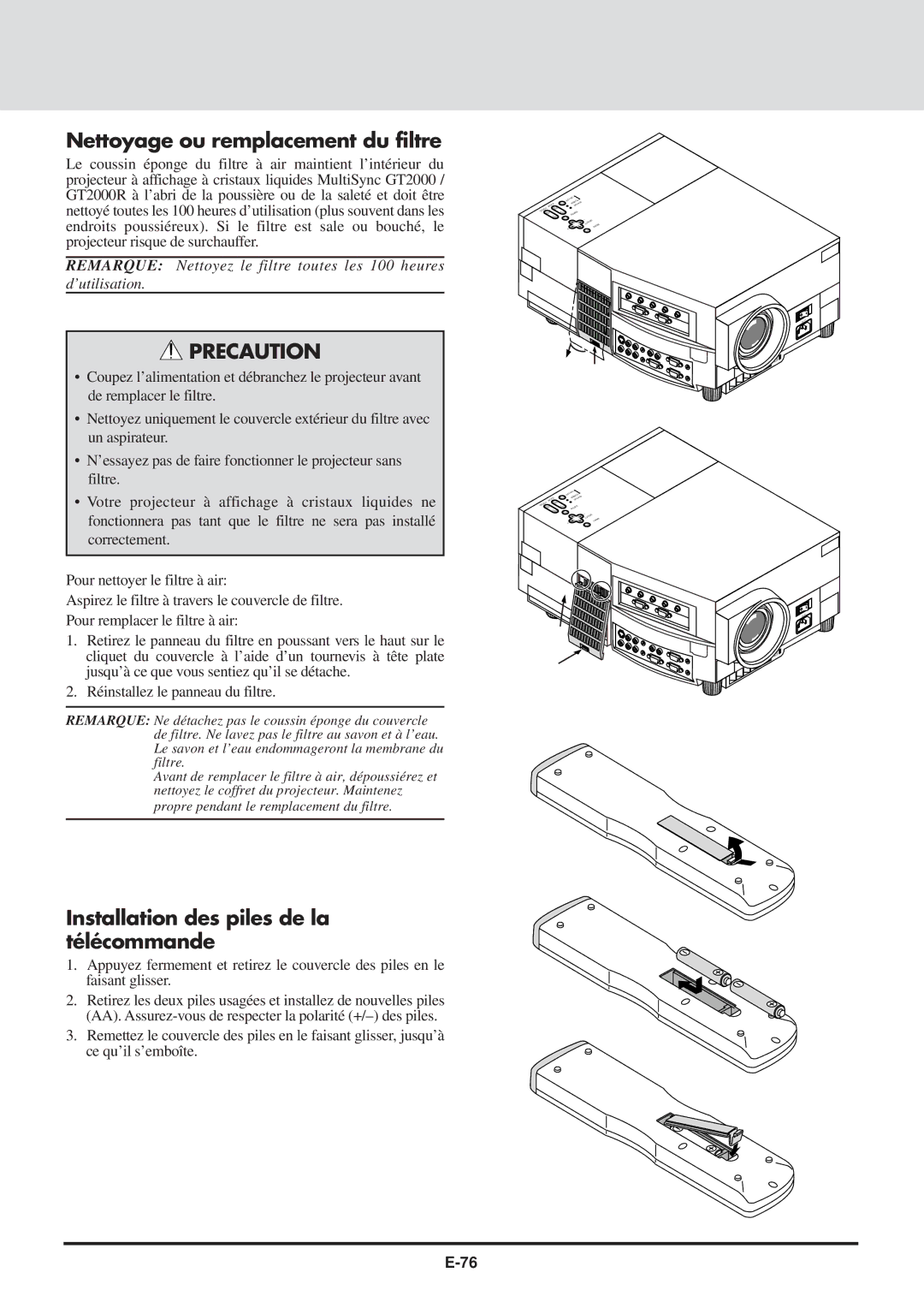 NEC GT2000, GT2000R user manual Nettoyage ou remplacement du filtre, Installation des piles de la télécommande 