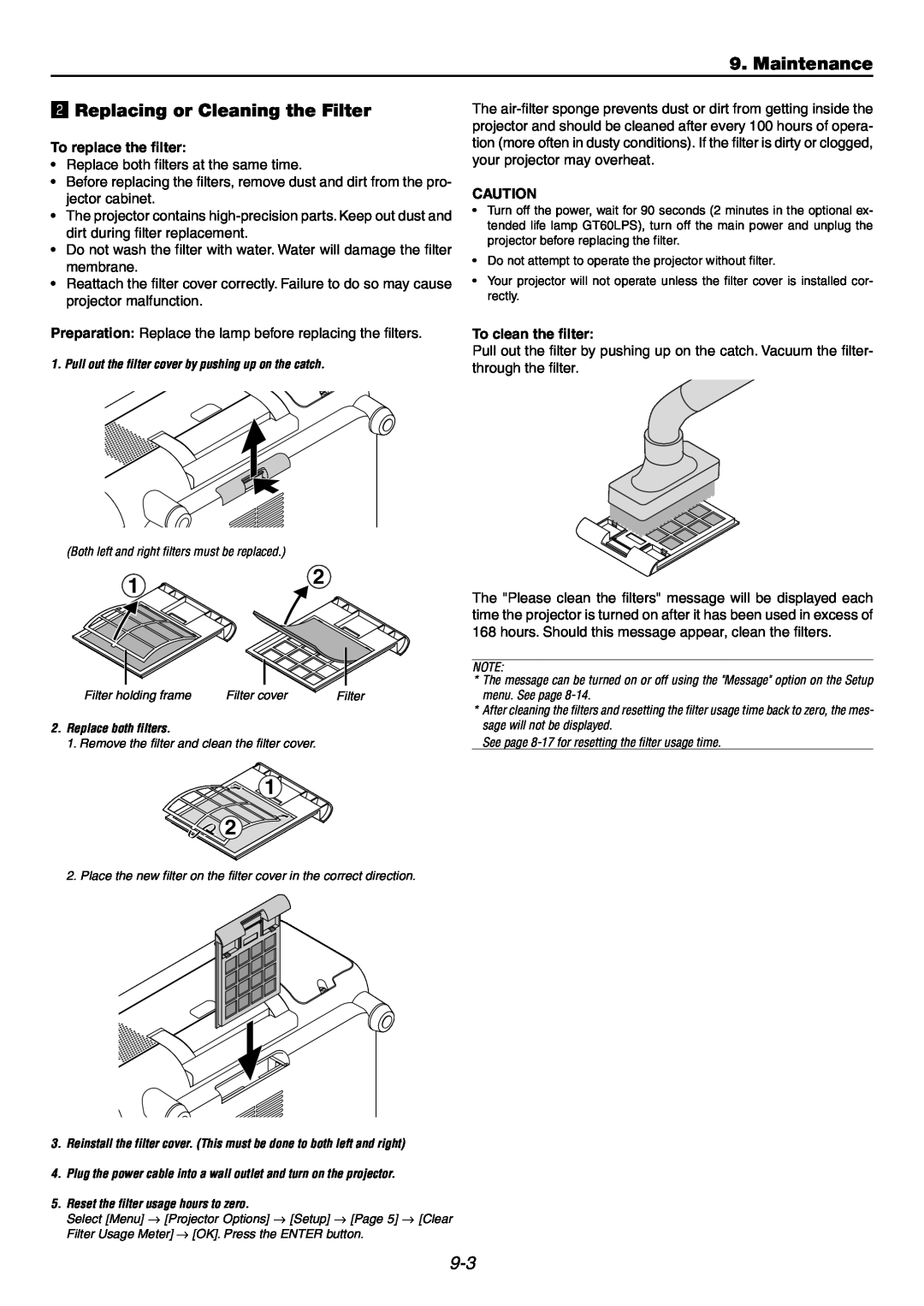 NEC GT6000 user manual Maintenance, x Replacing or Cleaning the Filter, To replace the filter, To clean the filter 
