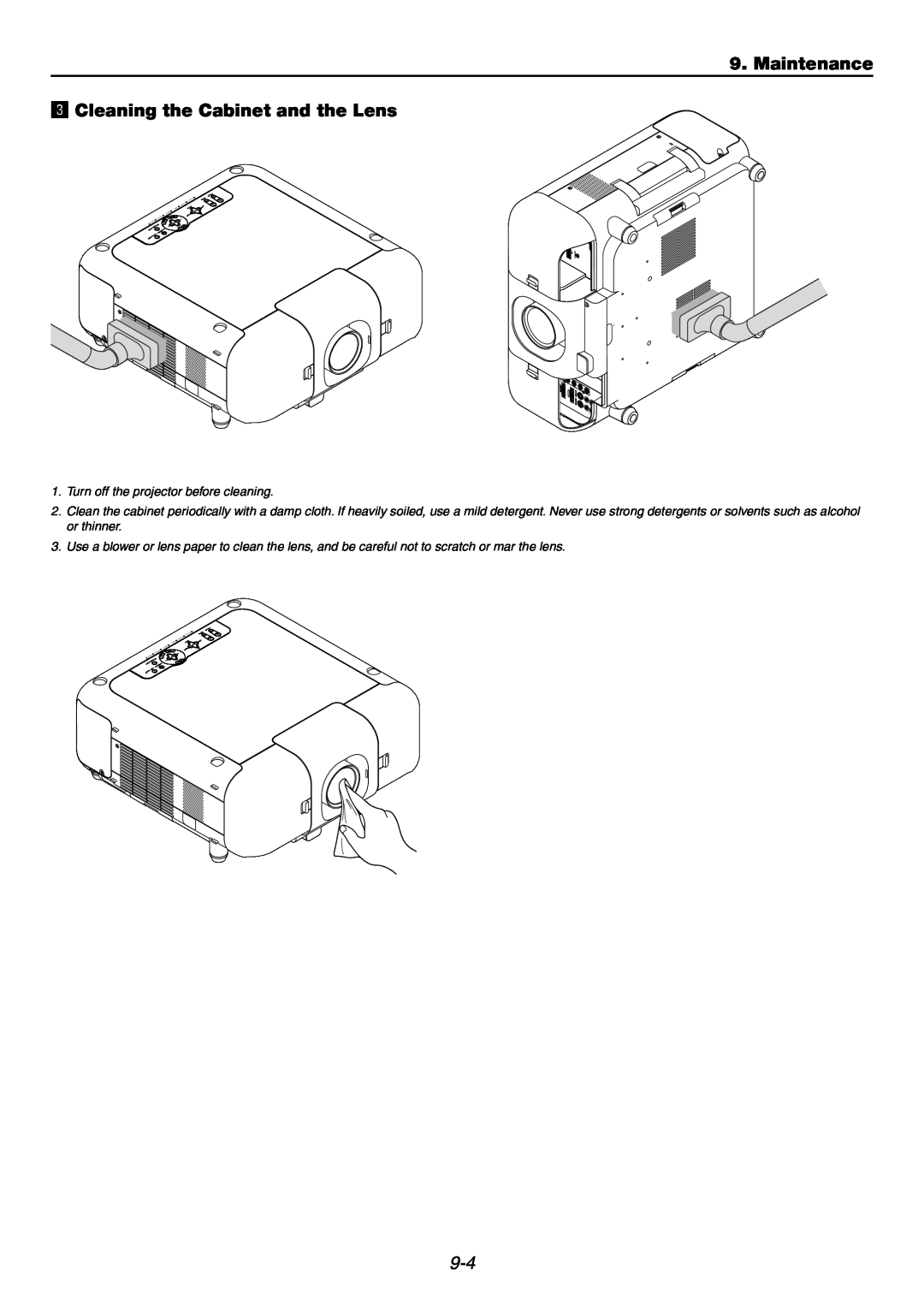 NEC GT6000 user manual Maintenance, c Cleaning the Cabinet and the Lens 
