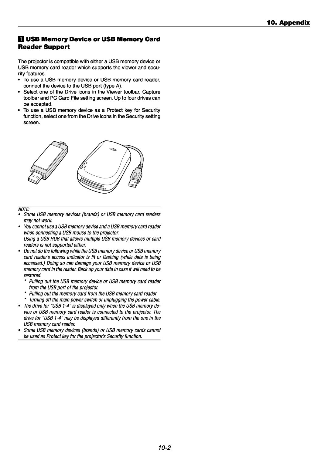 NEC GT6000 user manual Appendix, z USB Memory Device or USB Memory Card, Reader Support, 10-2 