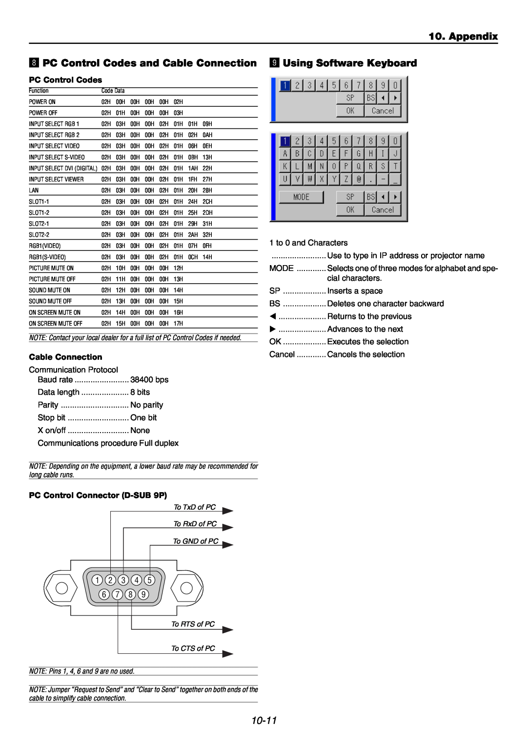 NEC GT6000 Appendix, PC Control Codes and Cable Connection, Using Software Keyboard, 10-11, PC Control Connector D-SUB9P 