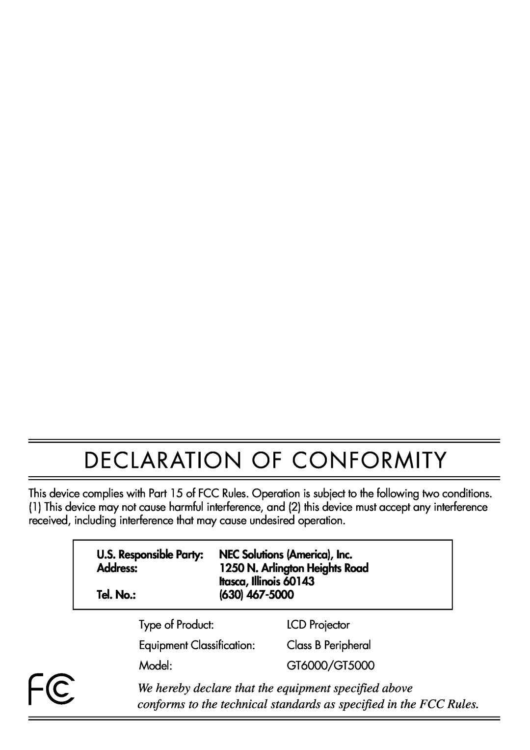 NEC GT6000 user manual Declaration Of Conformity 