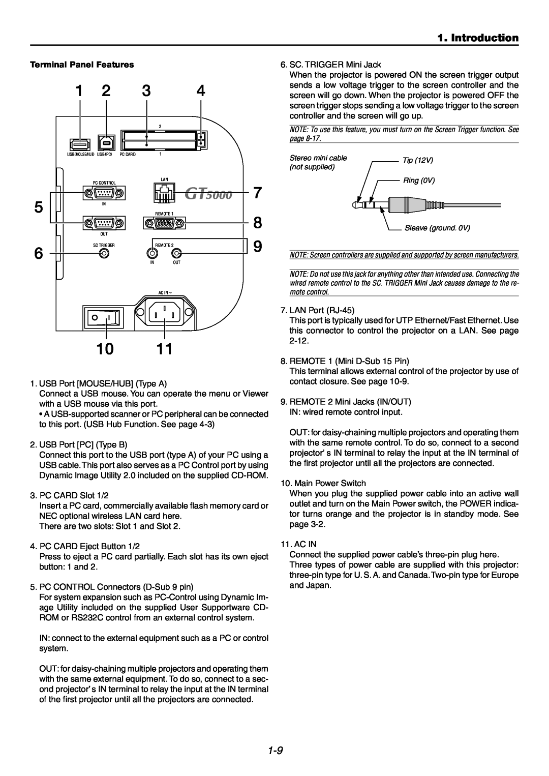 NEC GT6000 user manual 7 8, 1011, Introduction, 6.SC. TRIGGER Mini Jack 