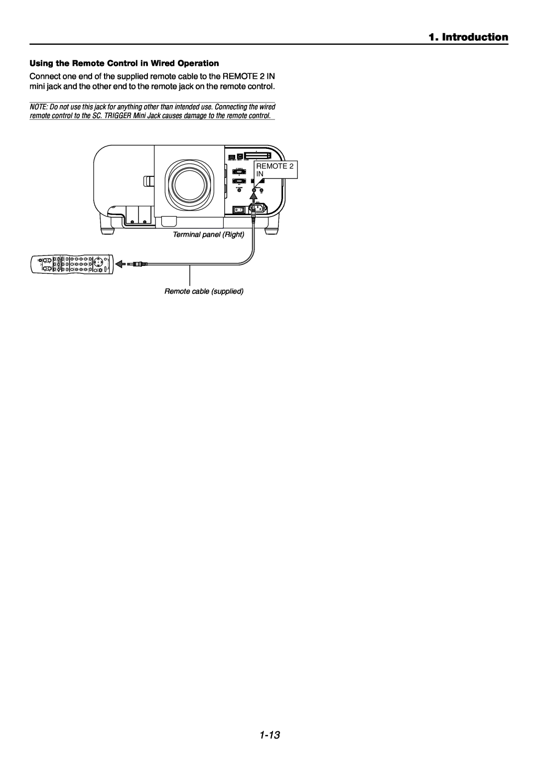NEC GT6000 user manual Introduction, 1-13, Using the Remote Control in Wired Operation, Audio Out, Video S-Video 