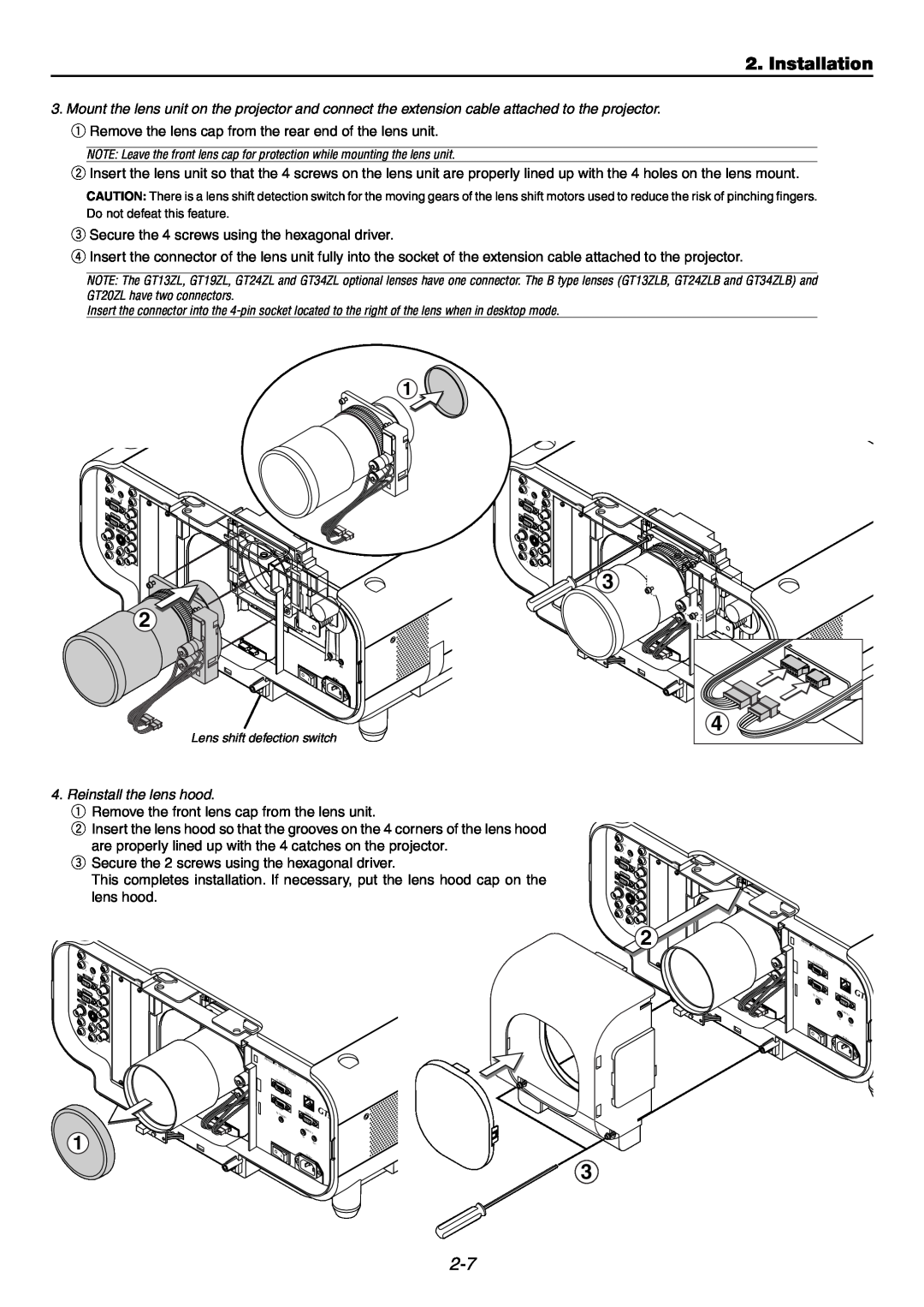 NEC GT6000 user manual Installation, e Secure the 4 screws using the hexagonal driver 