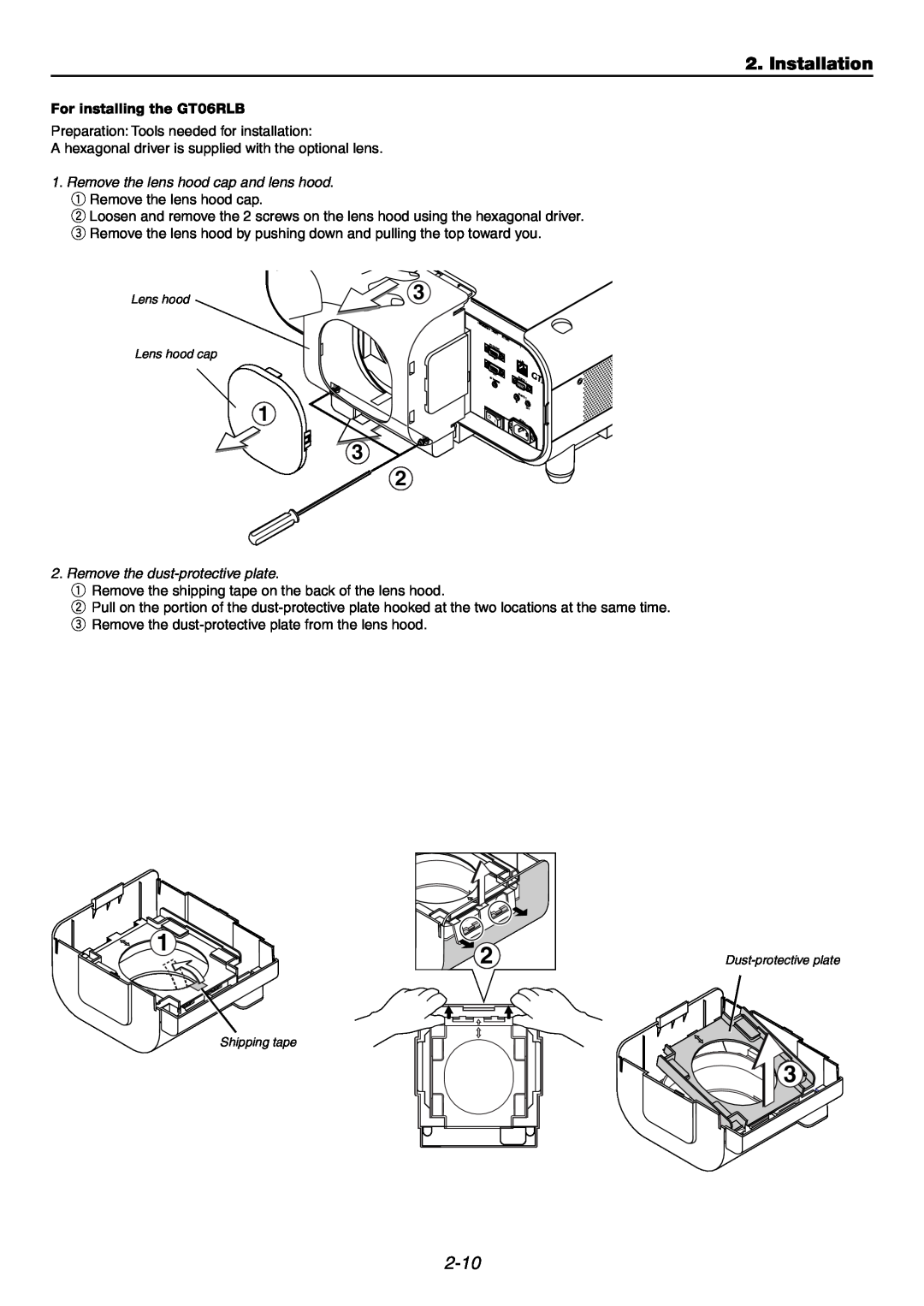 NEC GT6000 user manual Installation, 2-10, For installing the GT06RLB, Pc C, OTE2, Out Ac In 