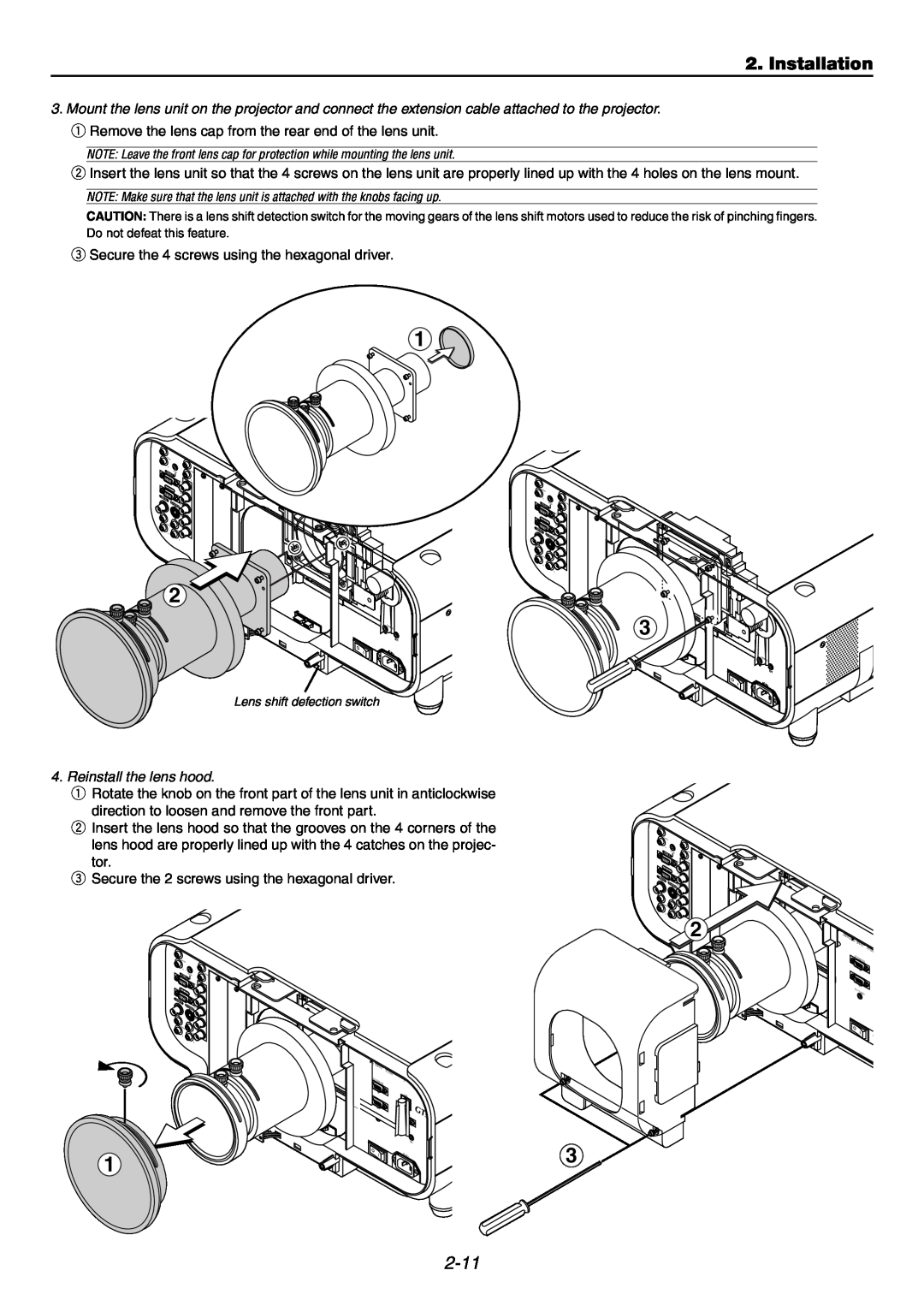 NEC GT6000 user manual Installation, 2-11, e Secure the 4 screws using the hexagonal driver 
