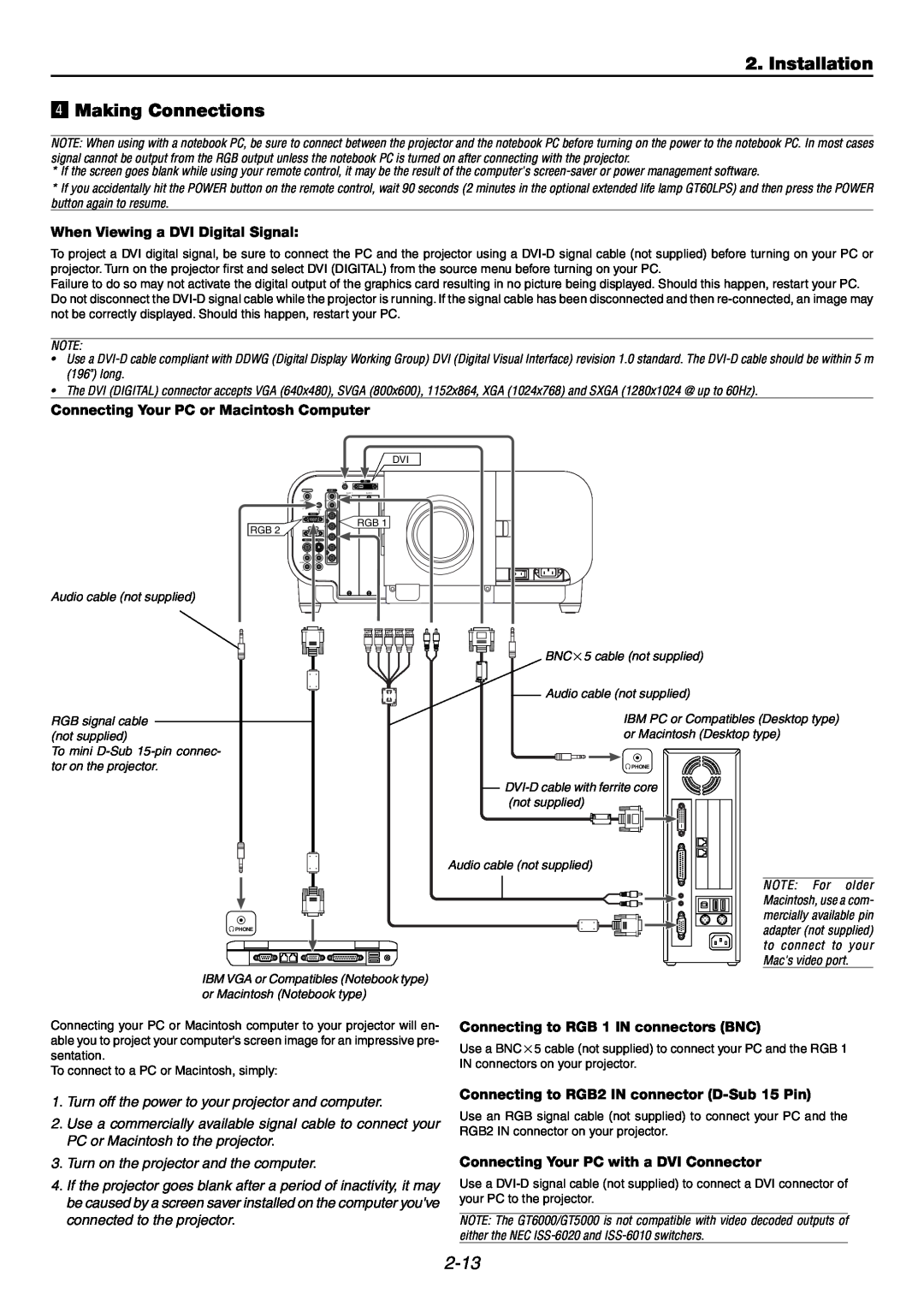 NEC GT6000 user manual Installation v Making Connections, 2-13, When Viewing a DVI Digital Signal 