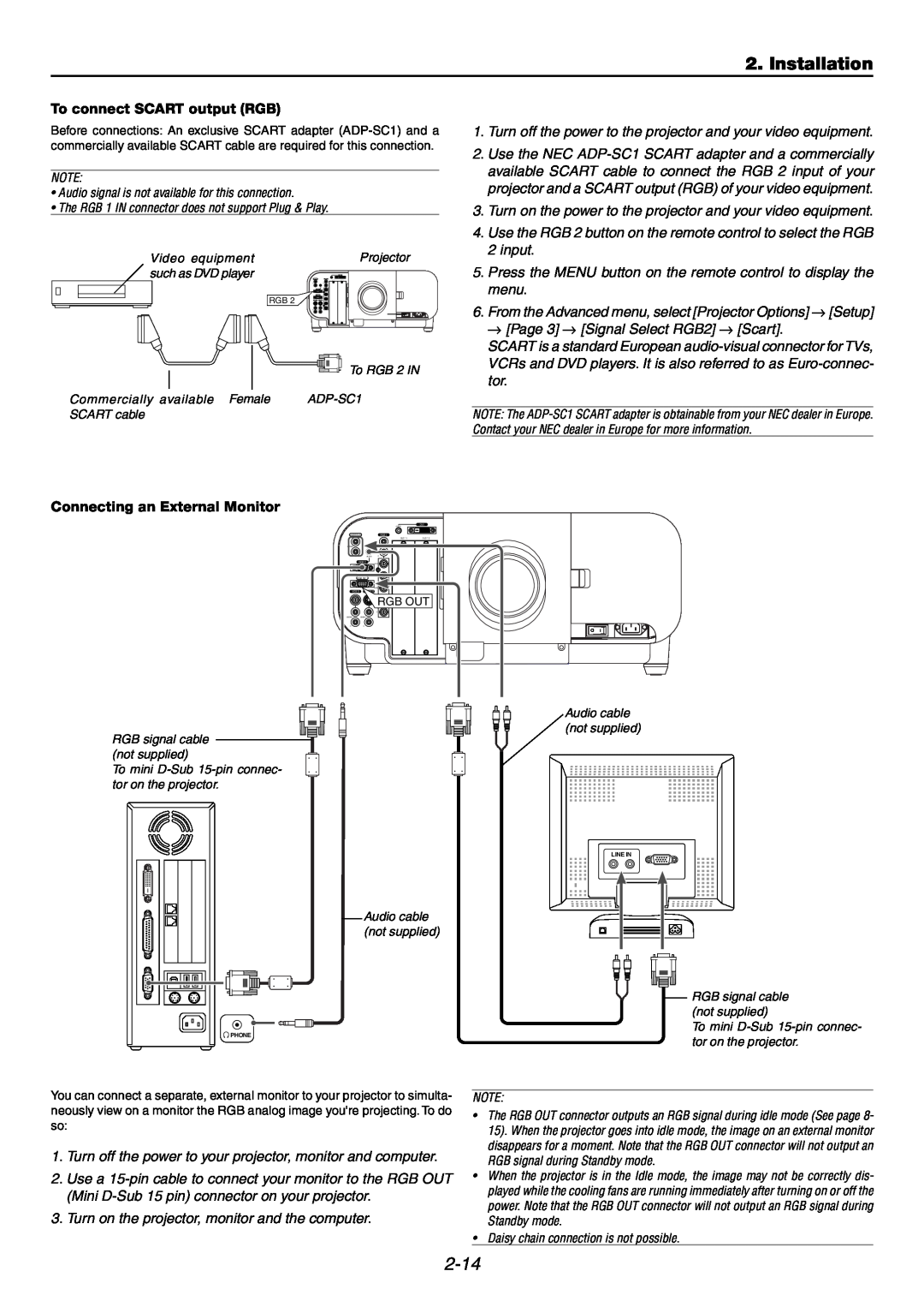 NEC GT6000 user manual Installation, 2-14, To connect SCART output RGB, Connecting an External Monitor 