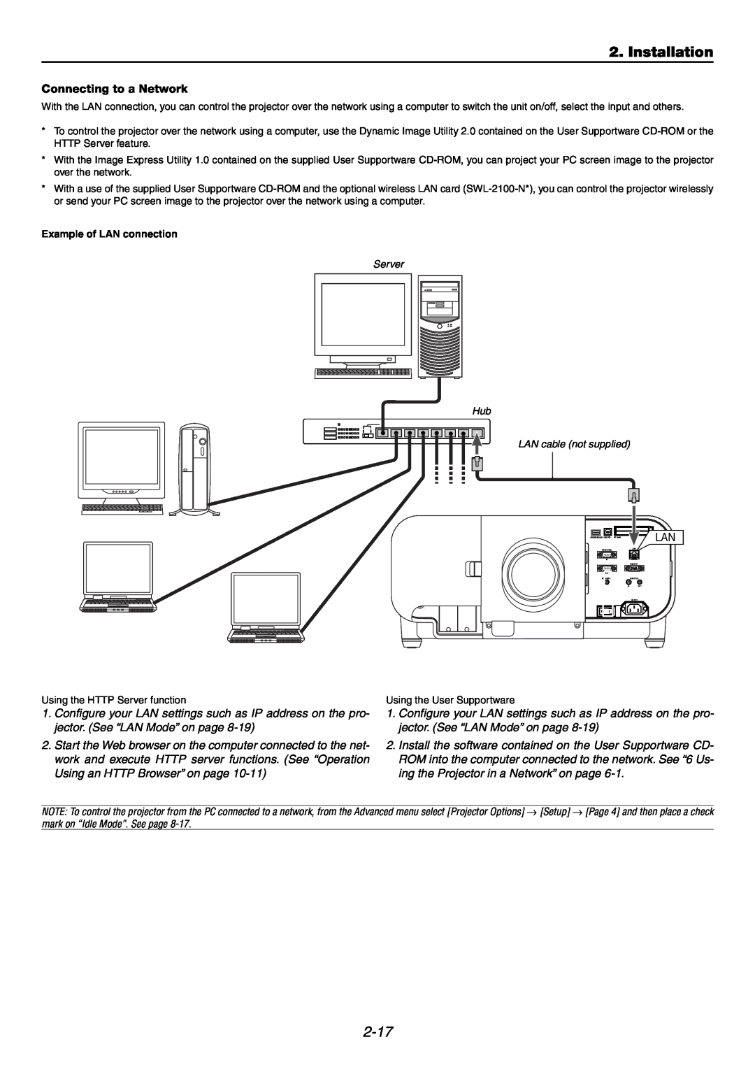 NEC GT6000 user manual Installation, 2-17, Connecting to a Network, Example of LAN connection 