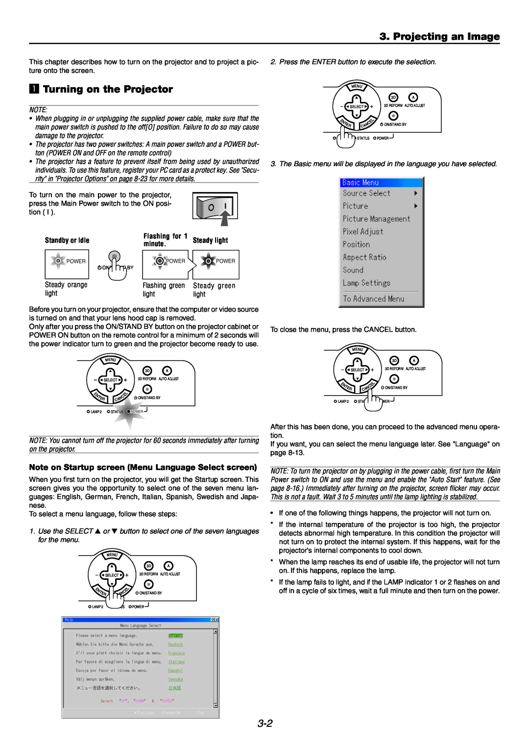 NEC GT6000 user manual Projecting an Image, z Turning on the Projector, Standby or Idle, Flashing for, Steady light, minute 