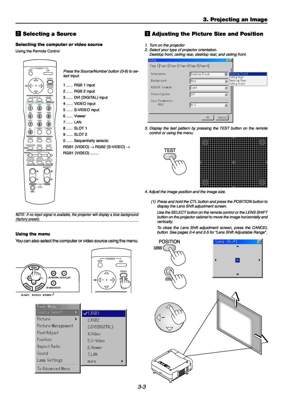 NEC GT6000 user manual Projecting an Image, x Selecting a Source, c Adjusting the Picture Size and Position, Using the menu 