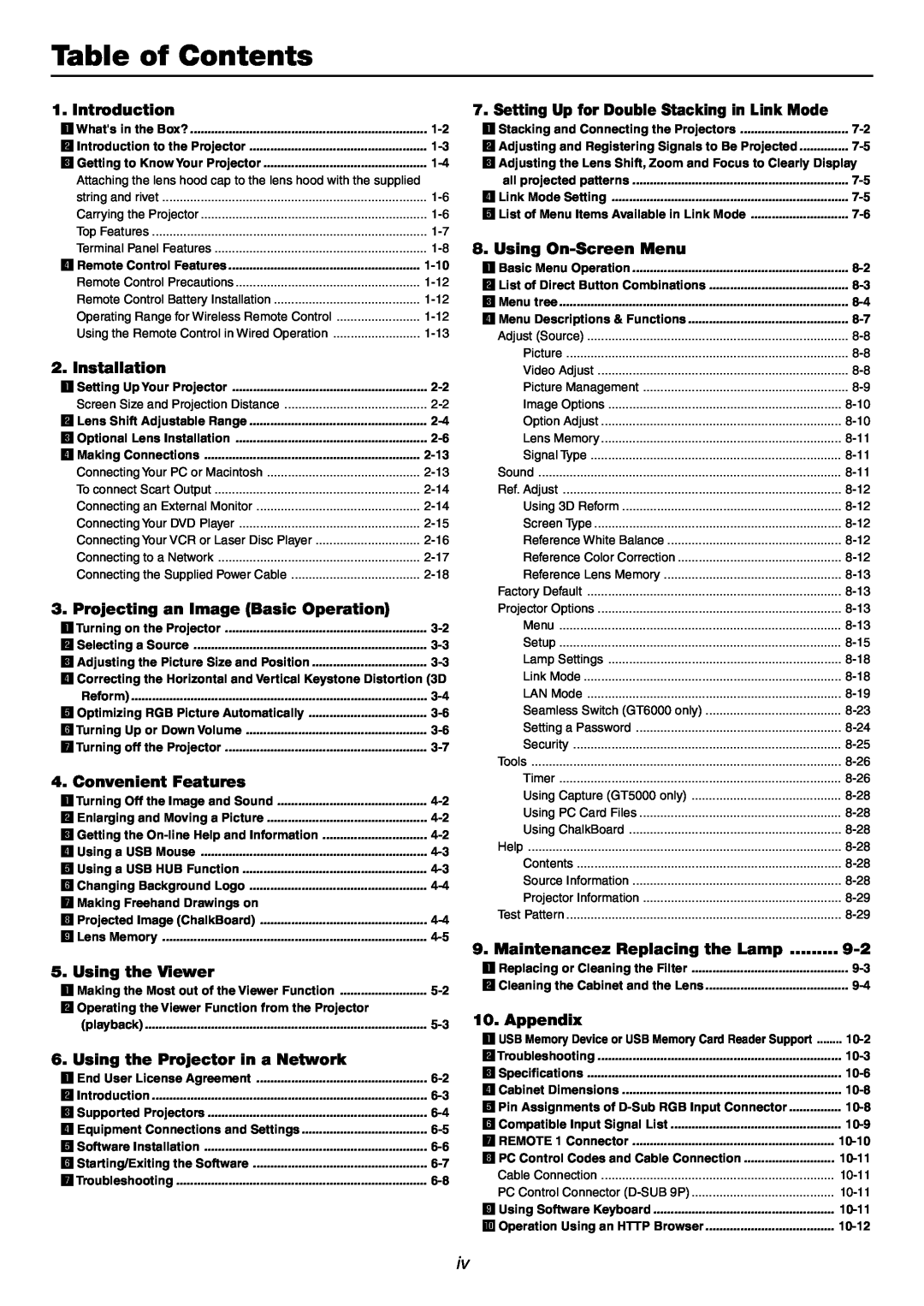 NEC GT6000 user manual Table of Contents 