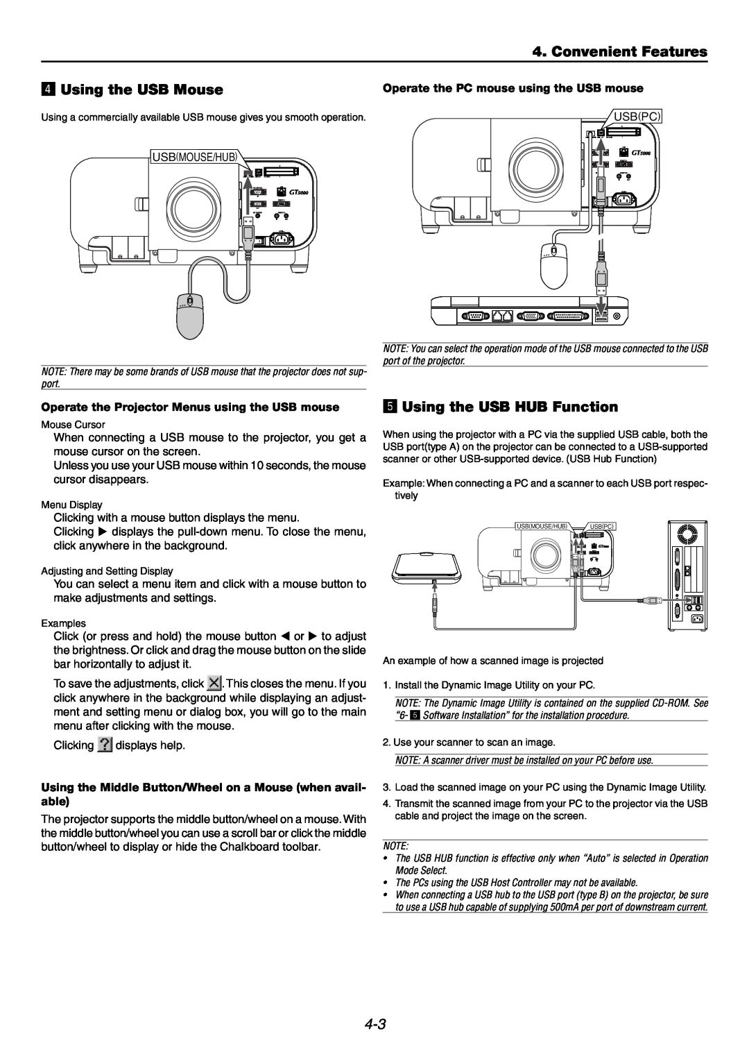 NEC GT6000 user manual Convenient Features, v Using the USB Mouse, b Using the USB HUB Function 