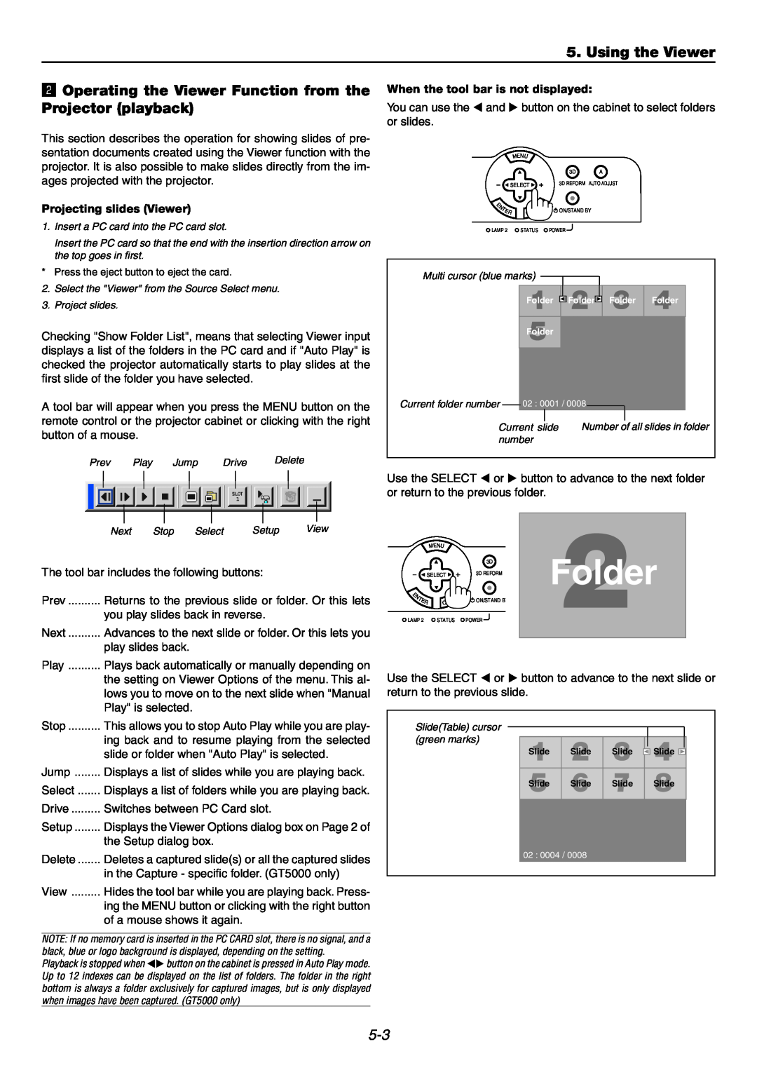 NEC GT6000 user manual Folder, Using the Viewer, x Operating the Viewer Function from the, Projector playback 