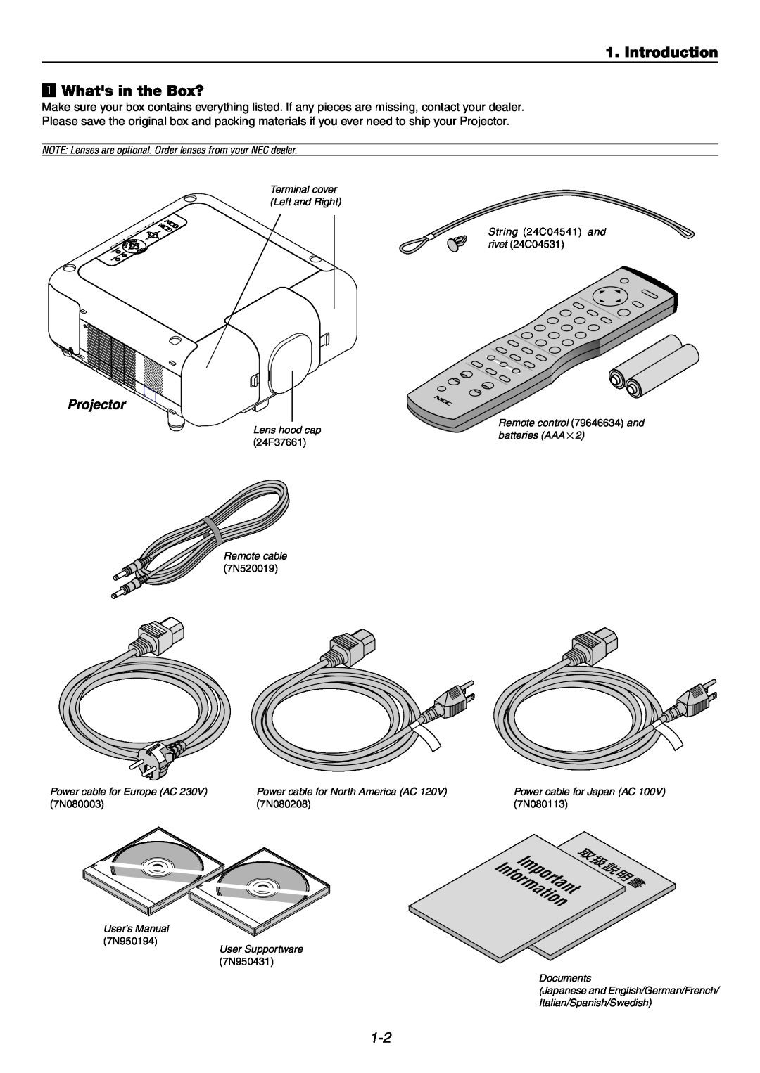 NEC GT6000 user manual InformationImportant, Introduction z Whats in the Box?, Projector 