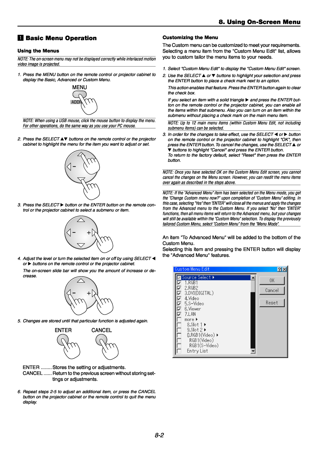 NEC GT6000 user manual Using On-ScreenMenu, z Basic Menu Operation, Using the Menus, Customizing the Menu, Address 