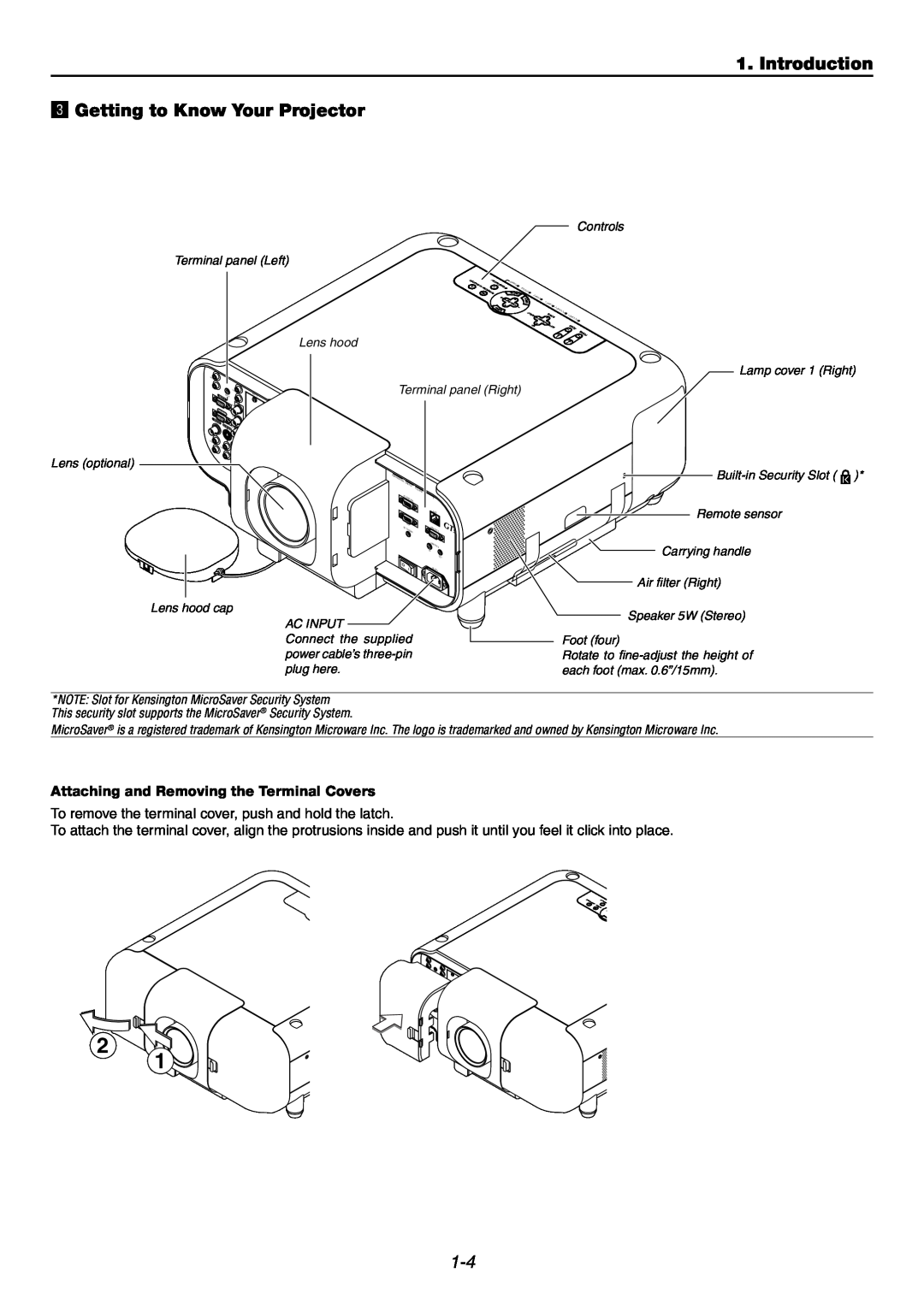 NEC GT6000 user manual Introduction c Getting to Know Your Projector, Attaching and Removing the Terminal Covers 