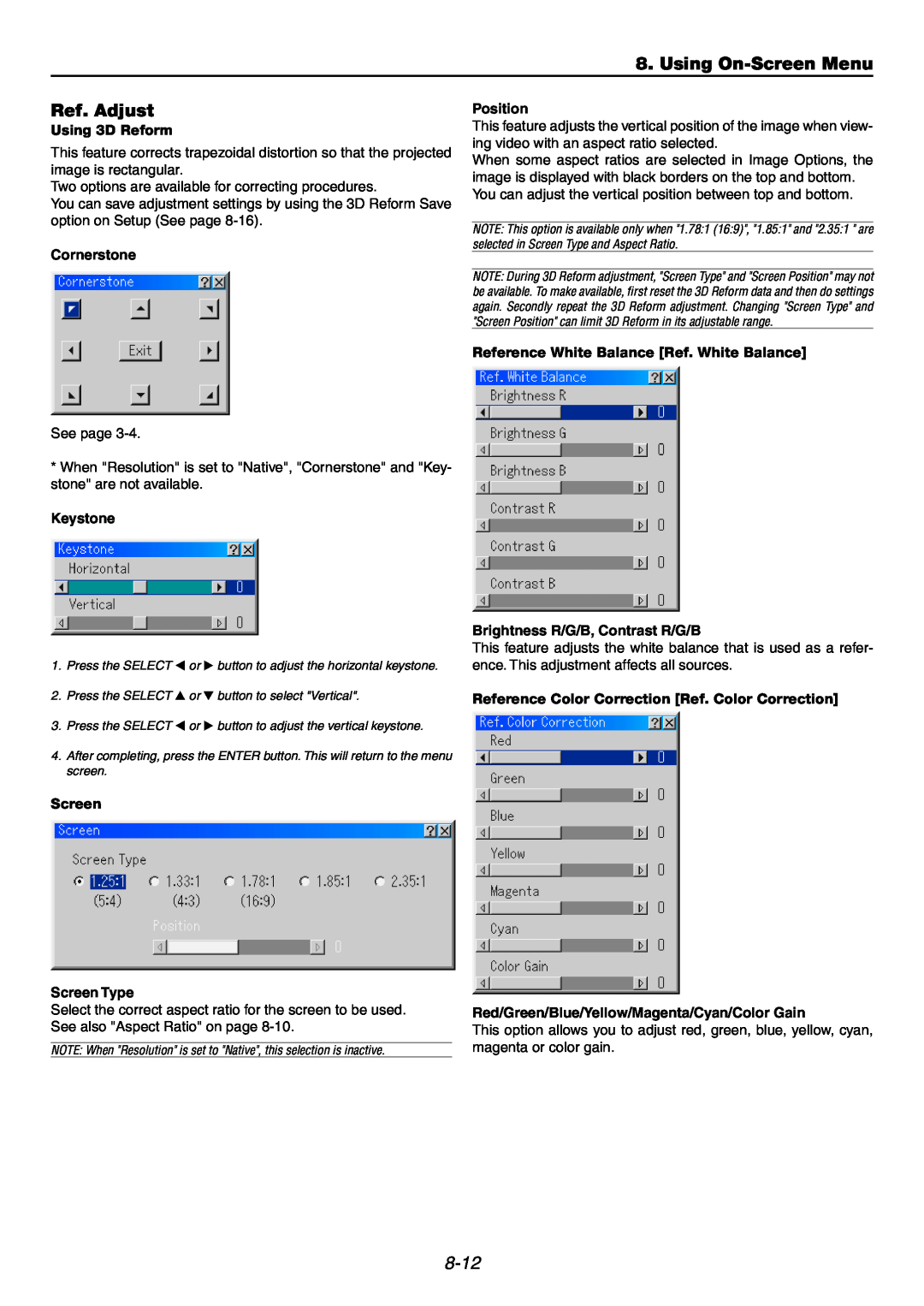 NEC GT6000 Using On-ScreenMenu, Ref. Adjust, 8-12, Using 3D Reform, Cornerstone, Keystone, Position, Screen Type 