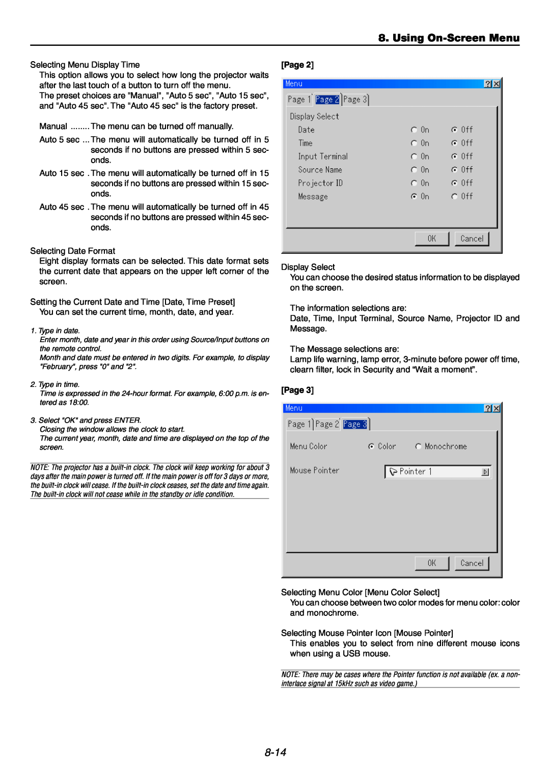 NEC GT6000 user manual Using On-ScreenMenu, 8-14, Selecting Menu Display Time, Page 
