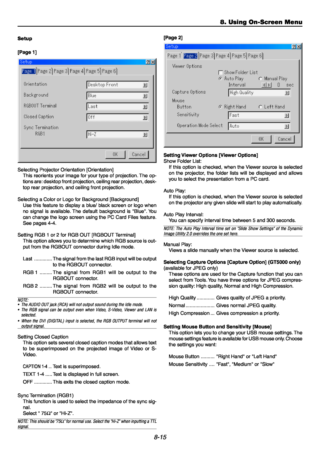 NEC GT6000 user manual Using On-ScreenMenu, 8-15, Setup, Page Setting Viewer Options Viewer Options 