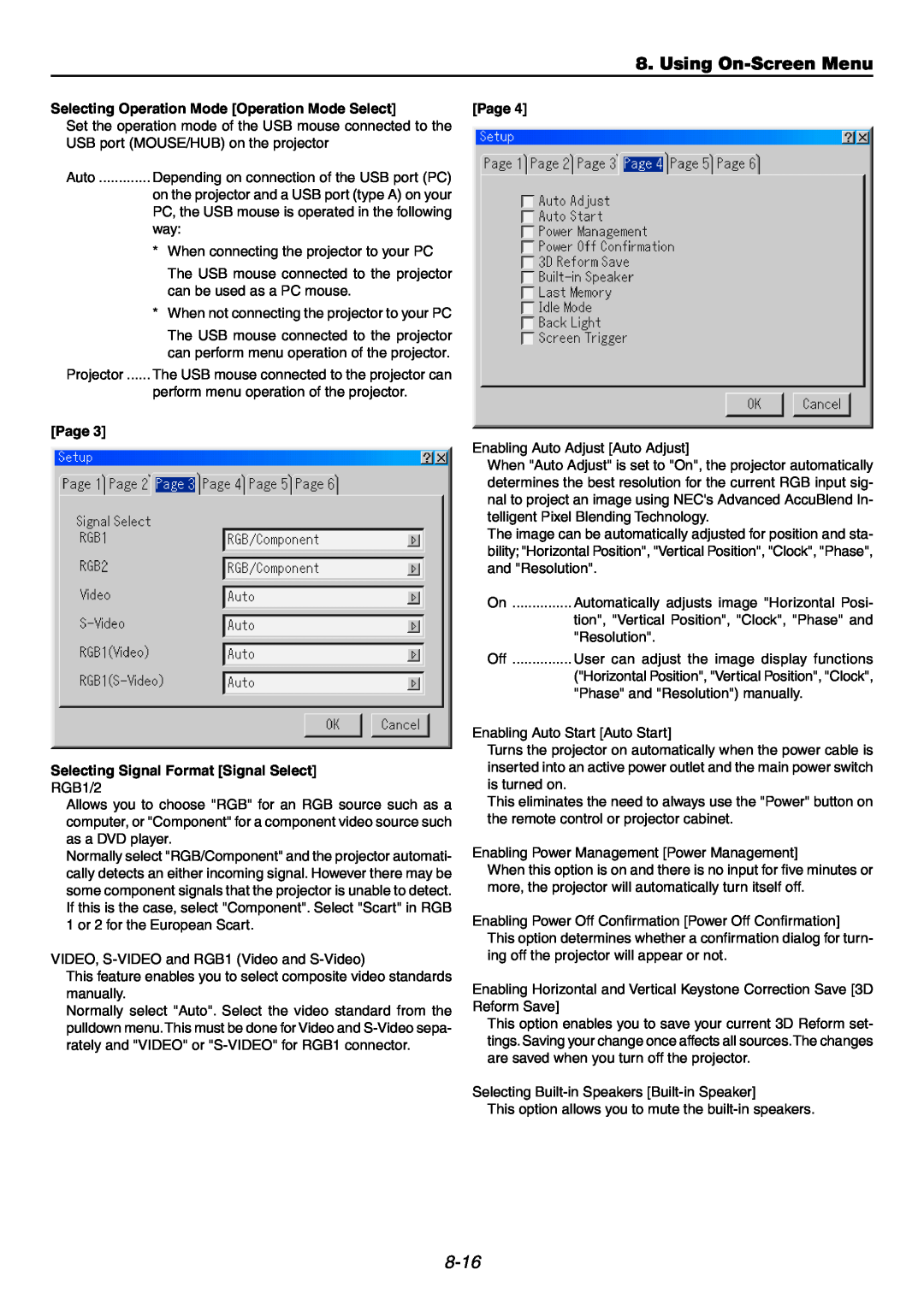 NEC GT6000 user manual Using On-ScreenMenu, 8-16, Selecting Operation Mode Operation Mode Select, Page 